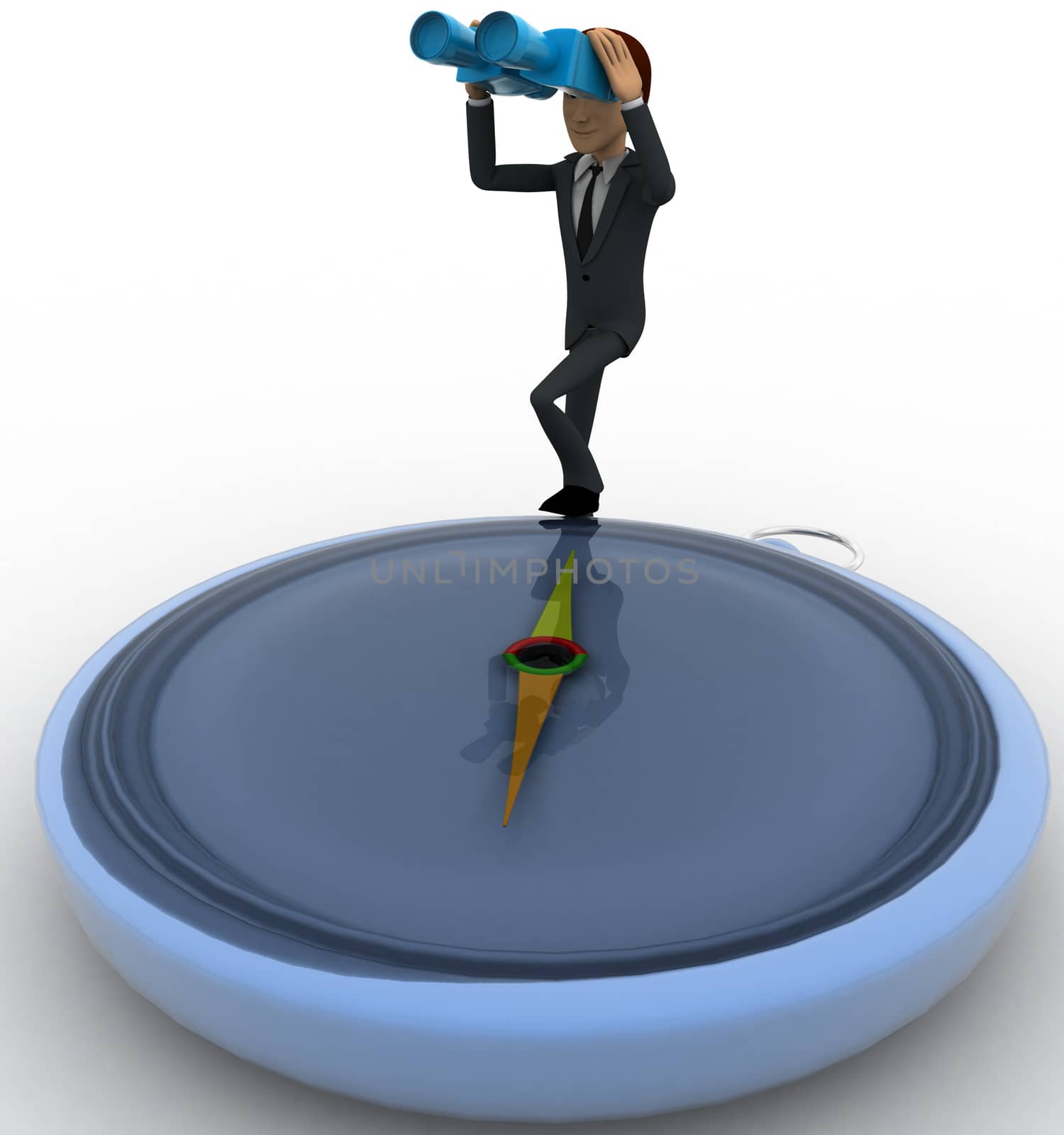 3d man with big compass and looking through binocular concept by touchmenithin@gmail.com