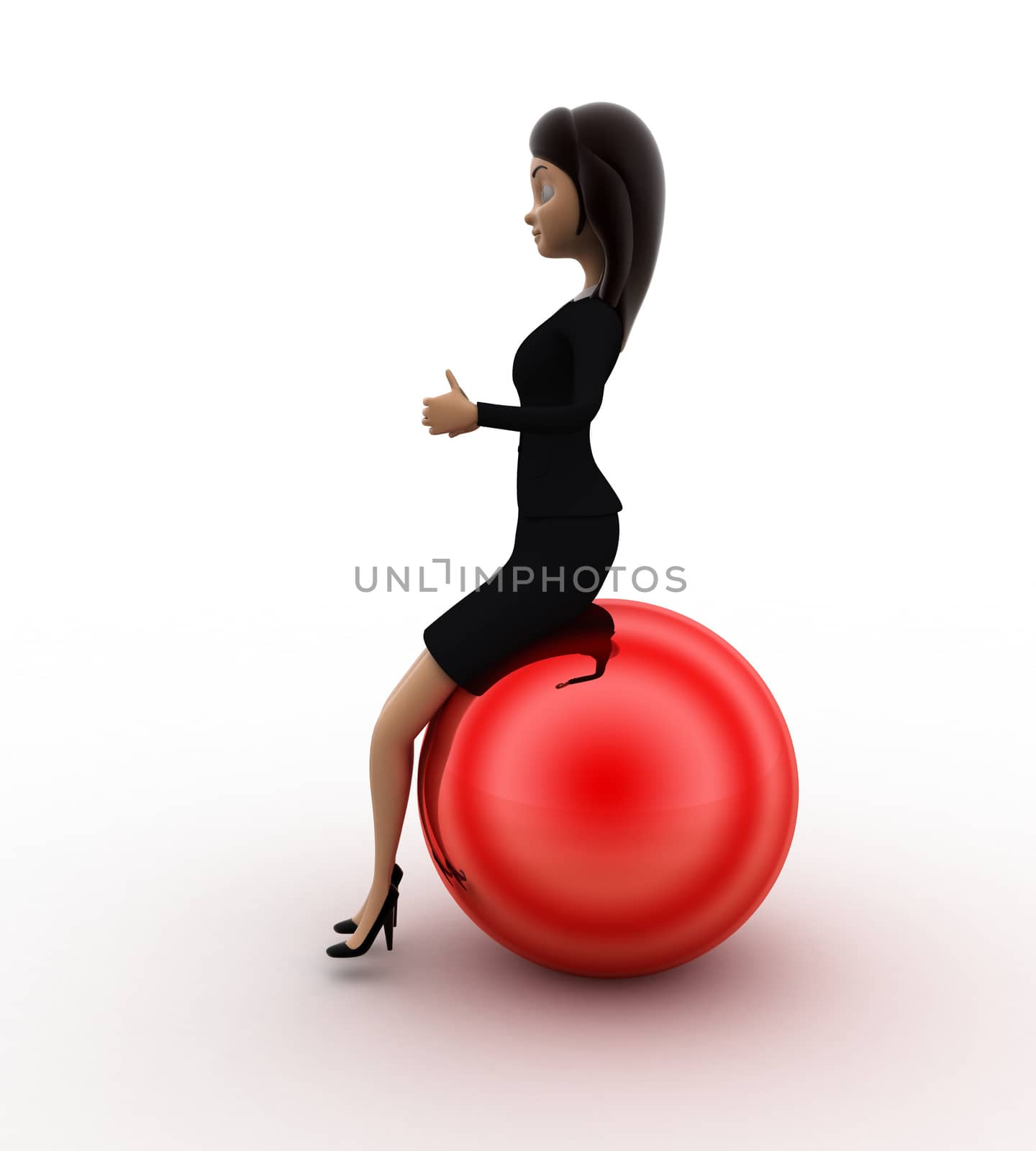 3d woman sitting on red shiny ball concept on white background, side angle view