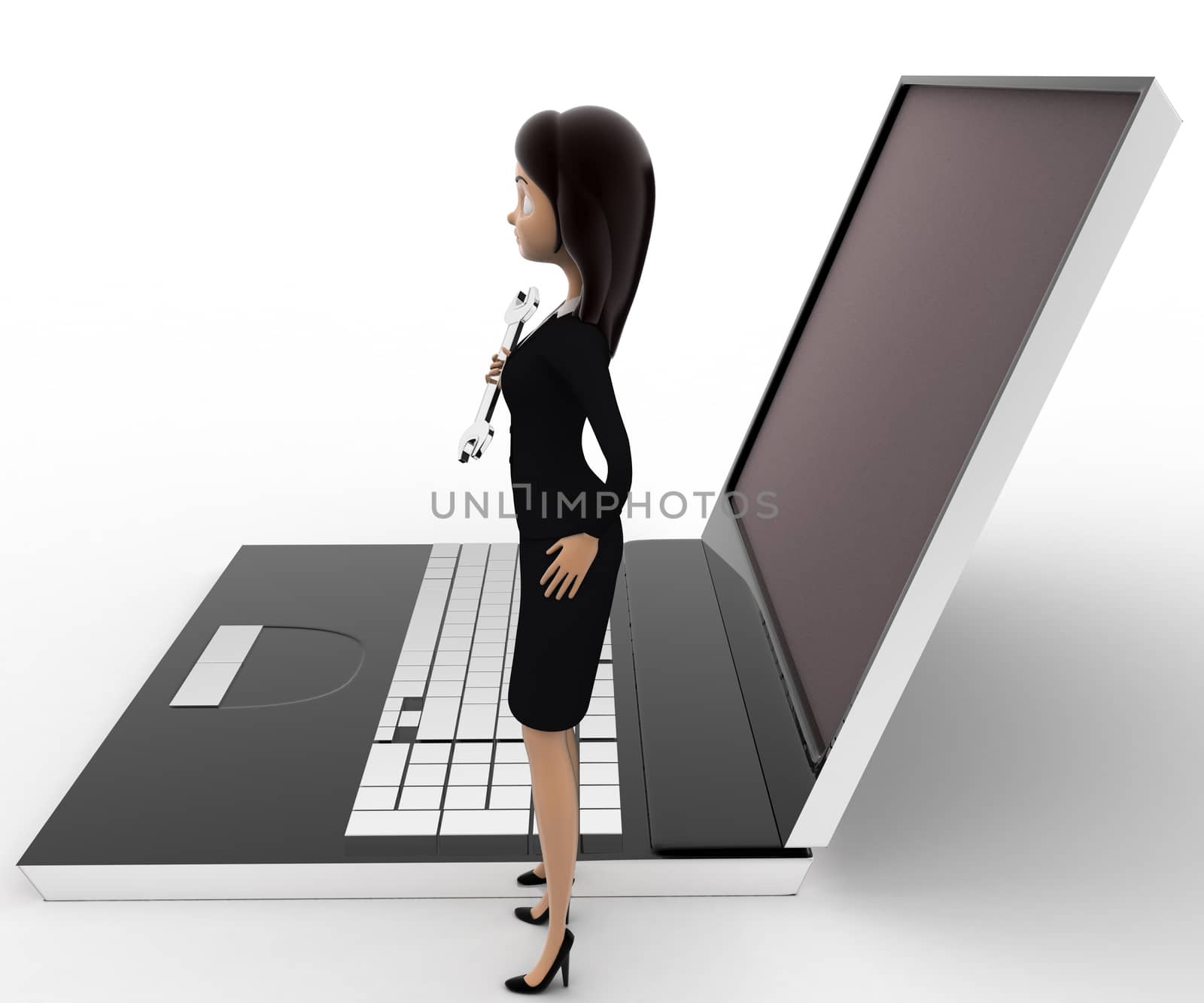 3d woman with wrench to repair laptop computer concept on white background, side angle view