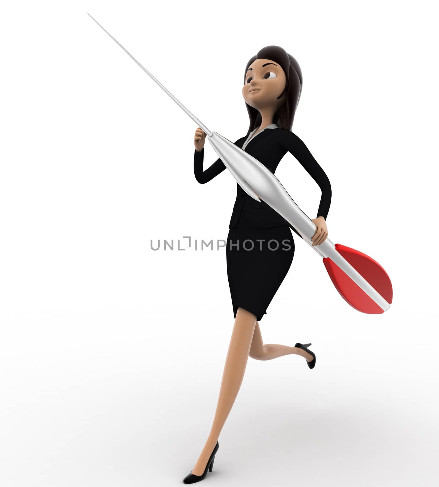 3d woman running with dart concept on white background,  low angle view