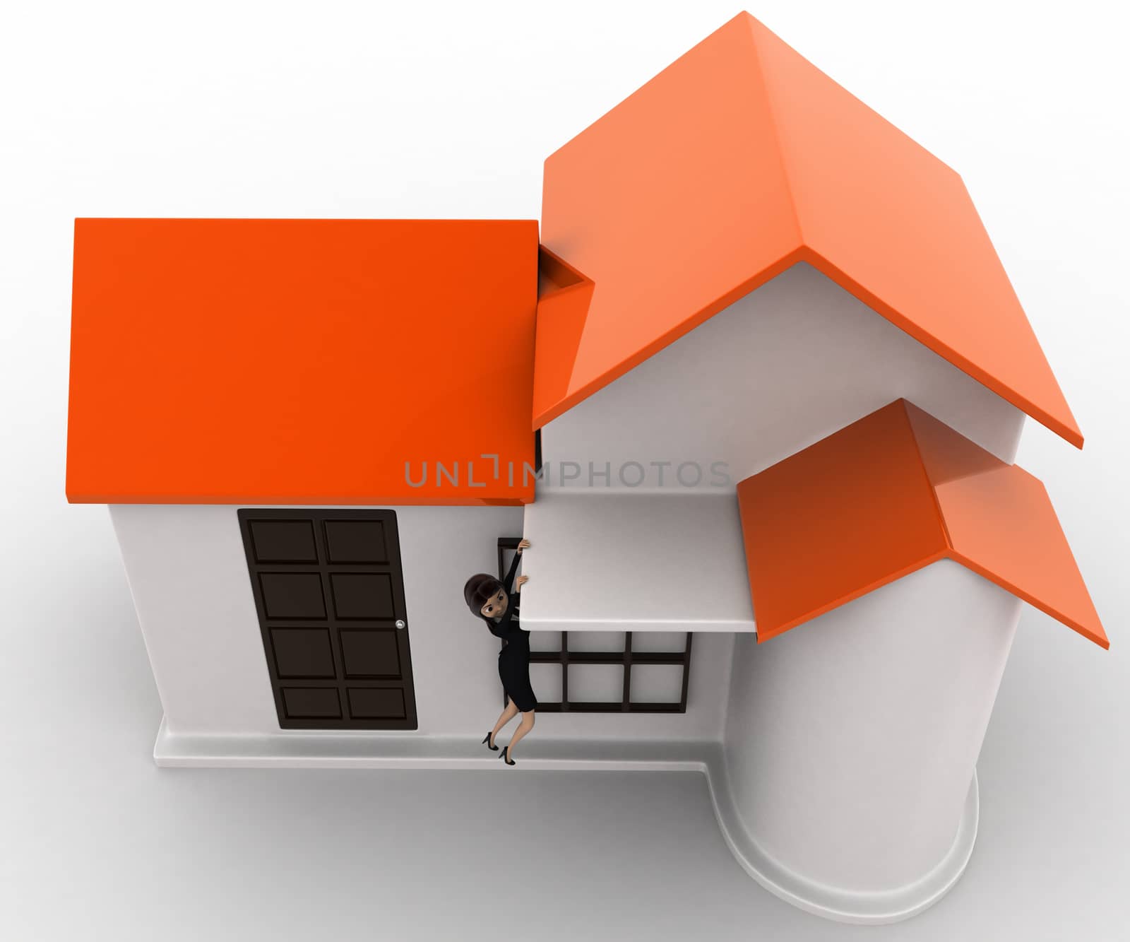 3d woman about to fall from roof of house concept on white background, top angle view