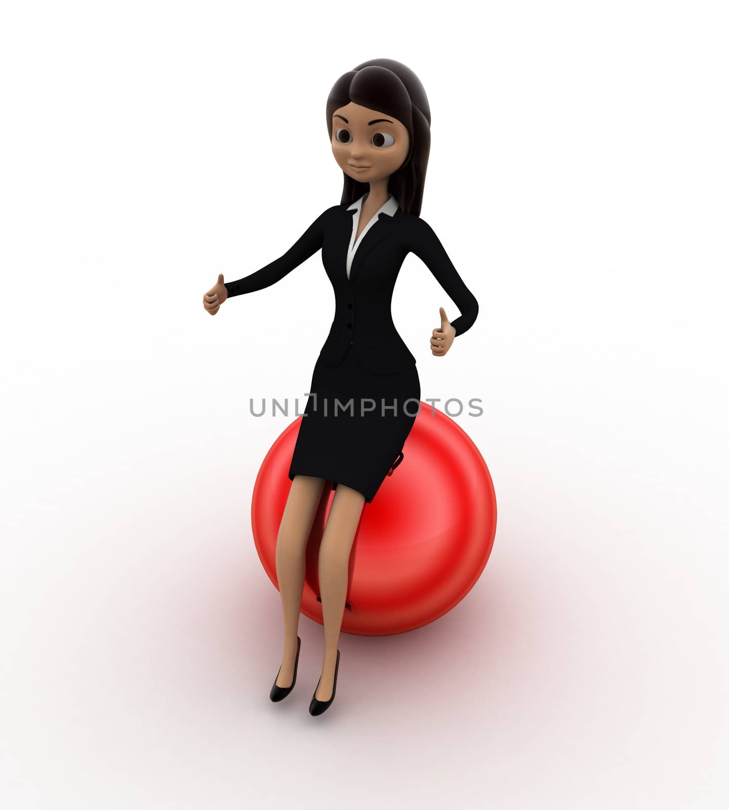 3d woman sitting on red shiny ball concept on white background, top angle view