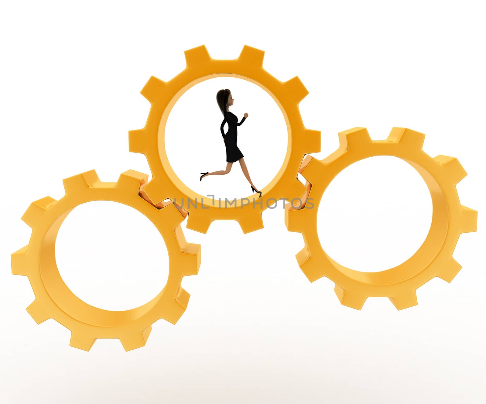 3d woman running inside golden gear wheel concept on white background, side angle view