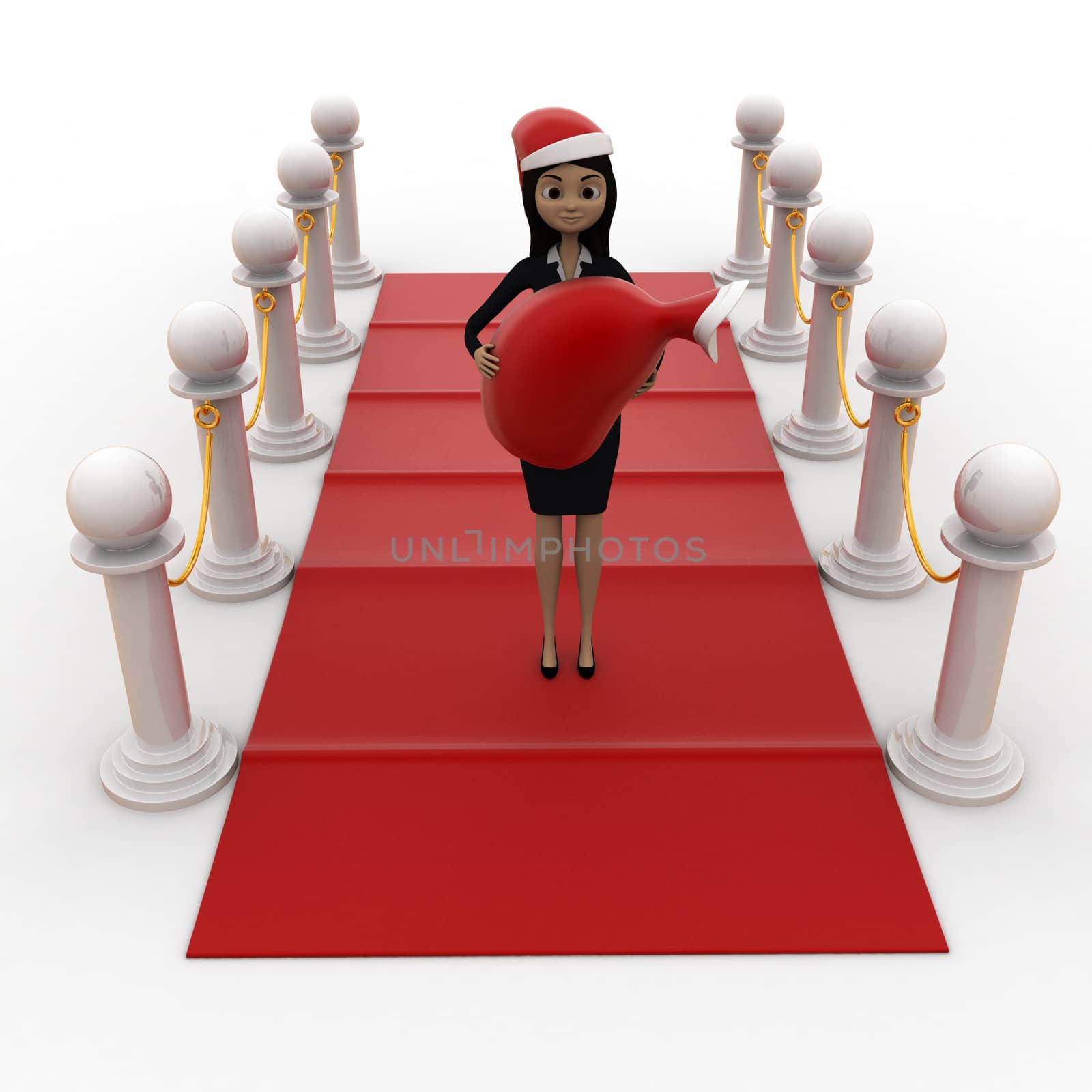 3d woman on red carpet with santa hat and gift bag concept by touchmenithin@gmail.com