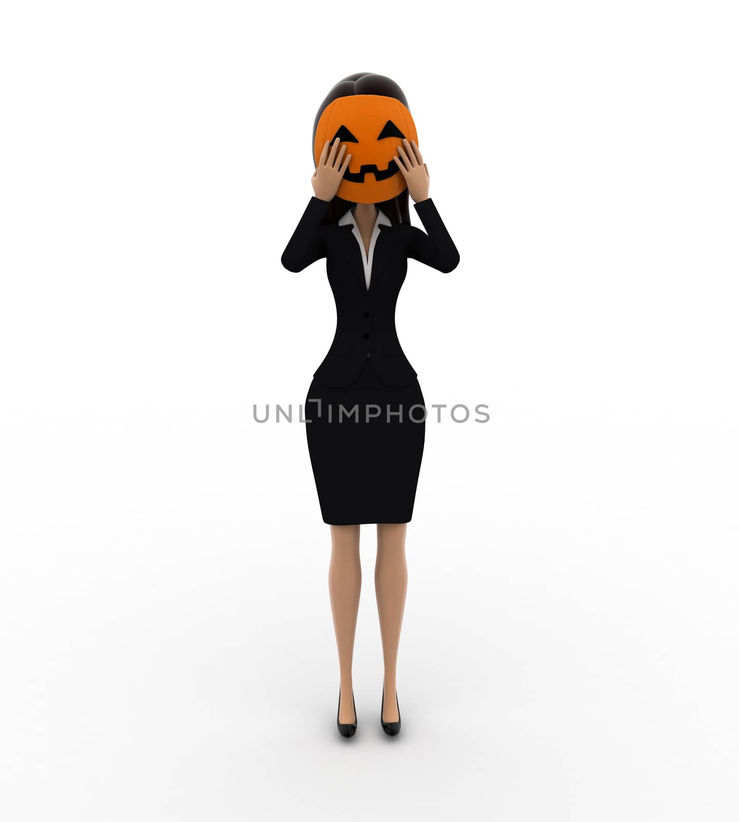 3d woman hiding face behind mask concept on white background, front angle view