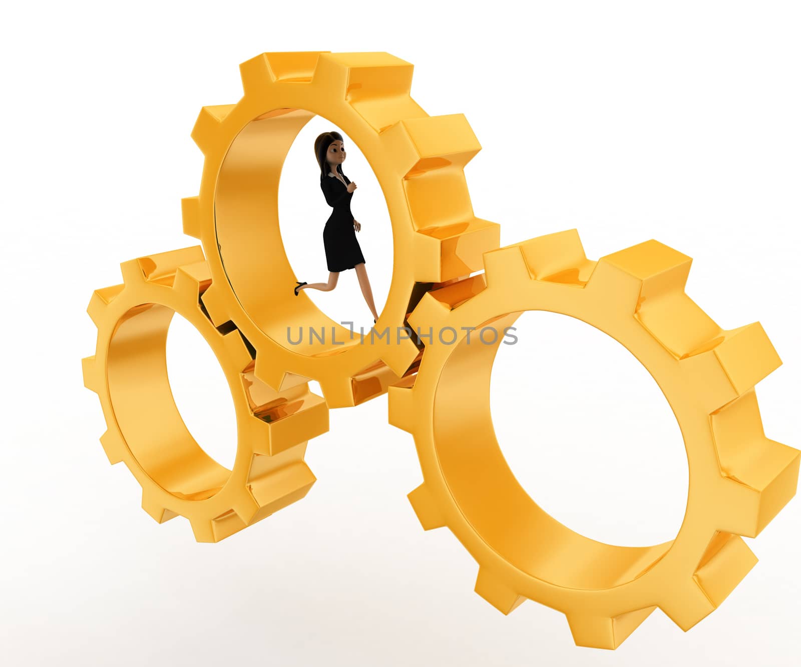 3d woman running inside golden gear wheel concept by touchmenithin@gmail.com