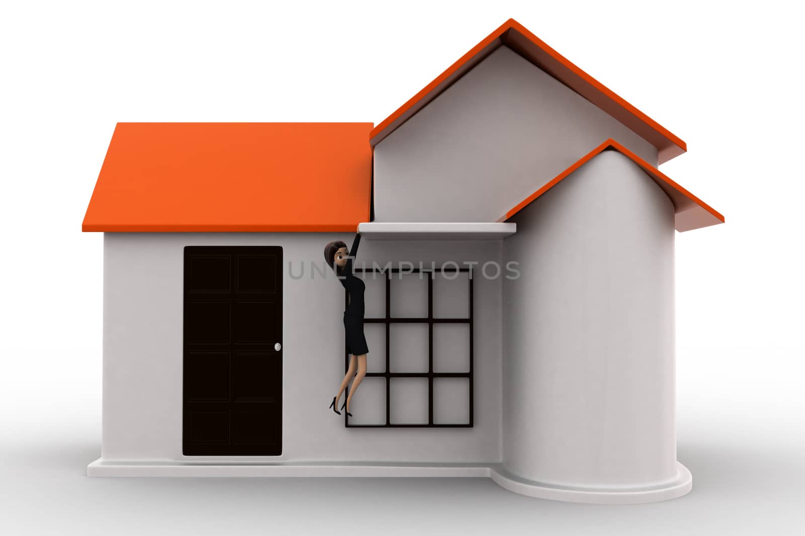 3d woman about to fall from roof of house concept on white background, front angle view