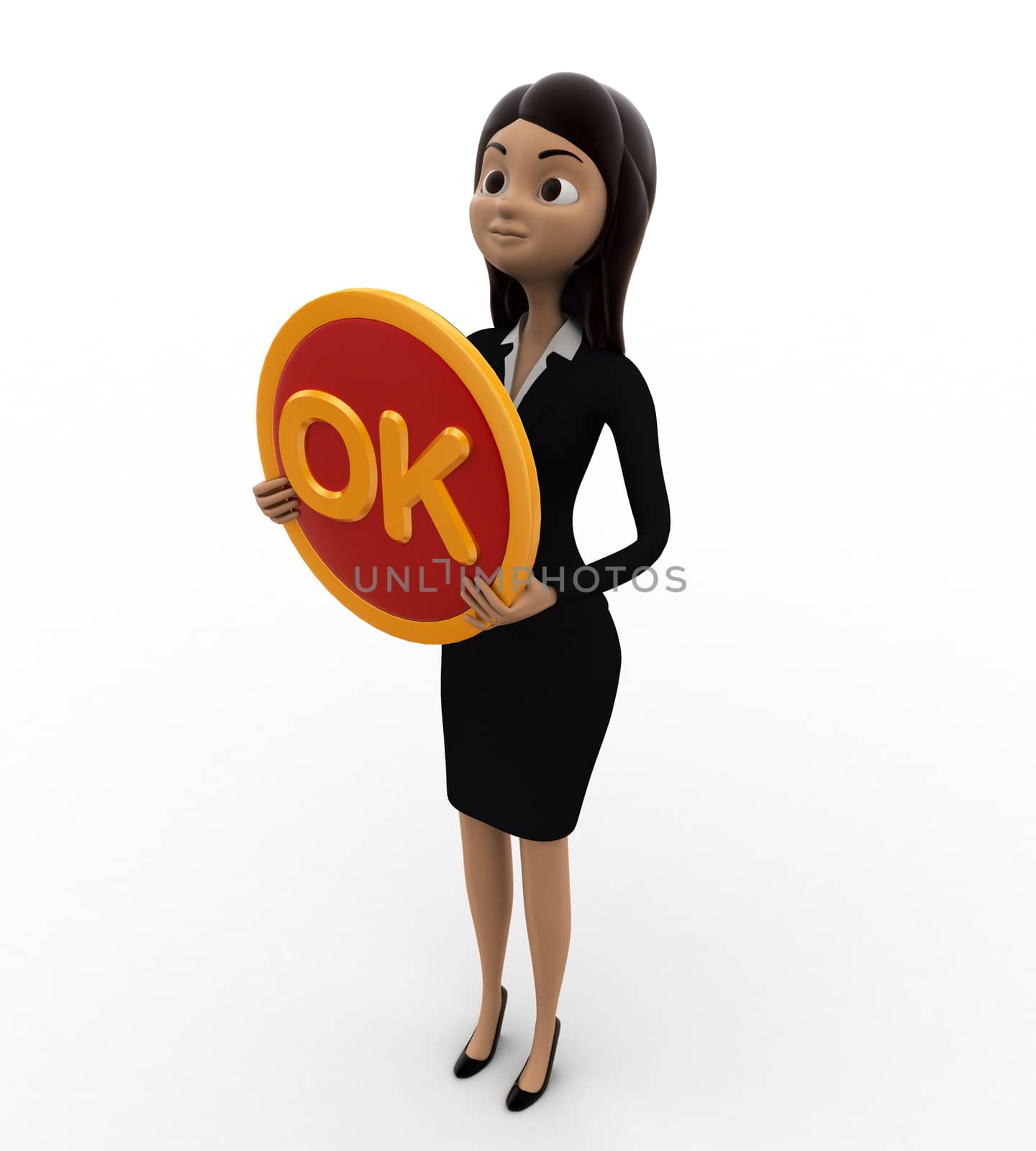 3d woman holding ok concept on white background, top angle view