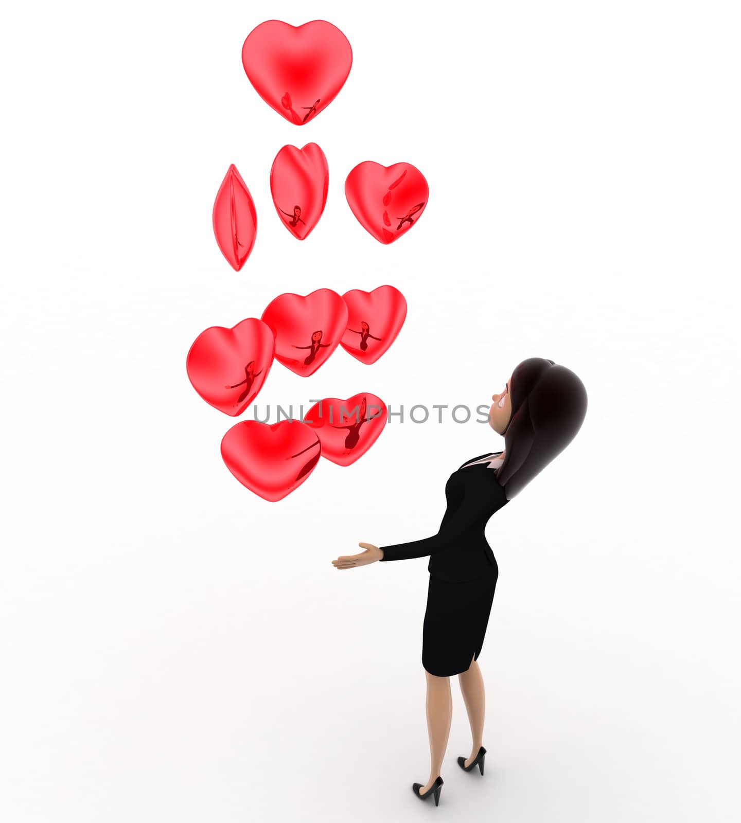 3d woman with many heart balloons concept on white background, top angle view
