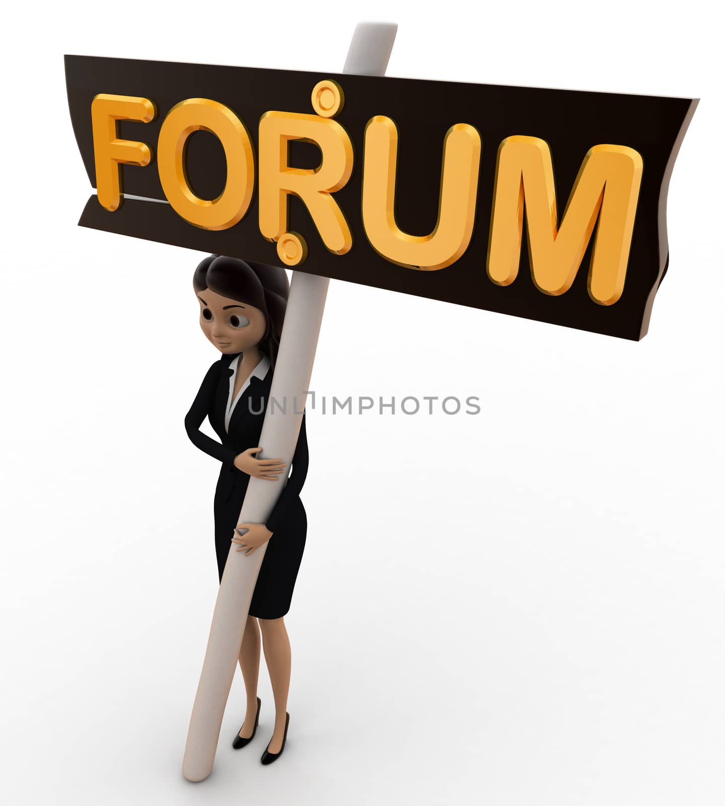 3d woman woth forum board concept on white background,  side  angle view