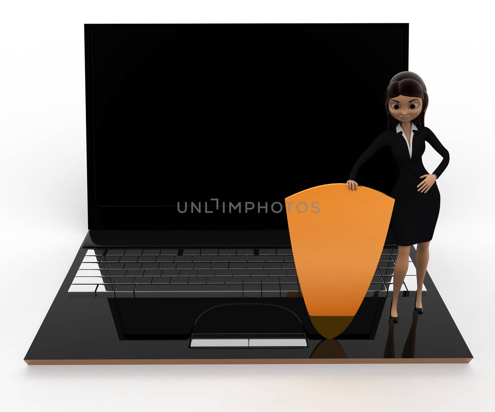 3d woman with laptop shield security concept on white background, front angle view