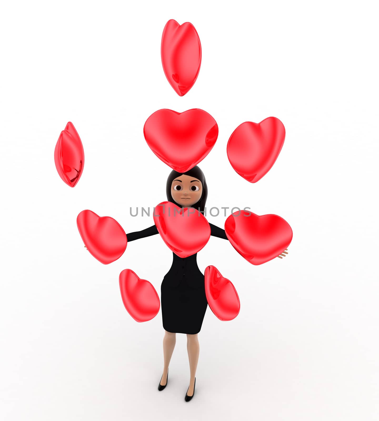 3d woman with many heart balloons concept on white background, front angle view