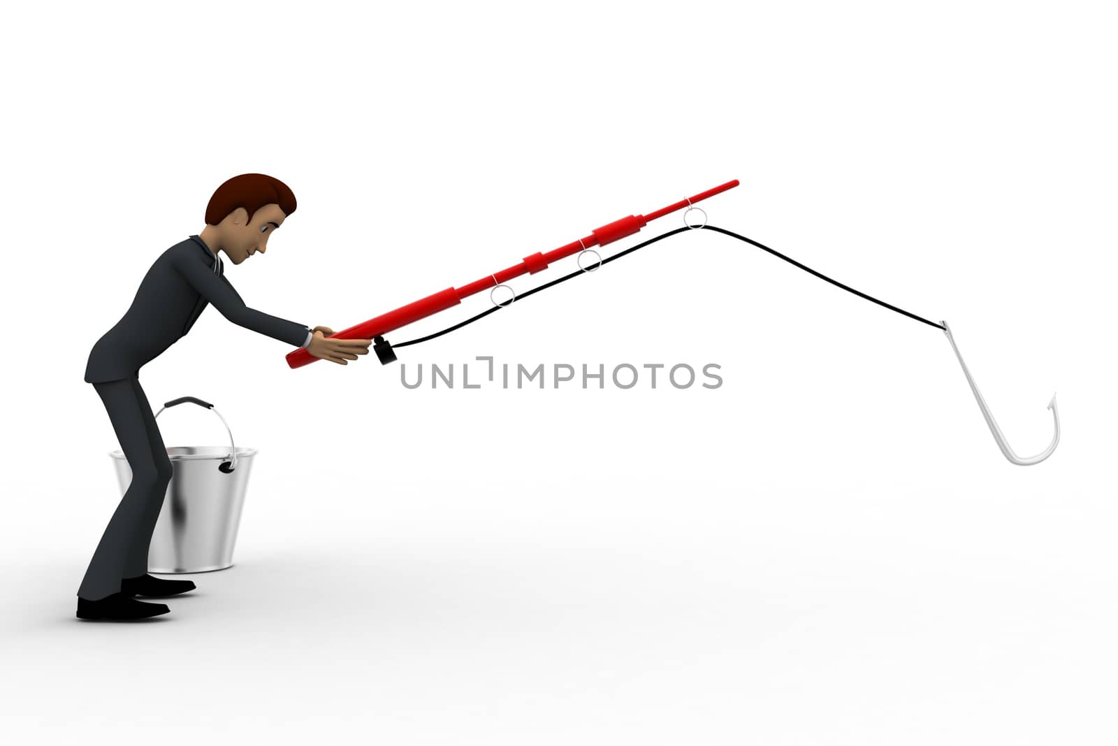 3d man fishing with fishing rod with big hook and bucket concept on white background, side angle view