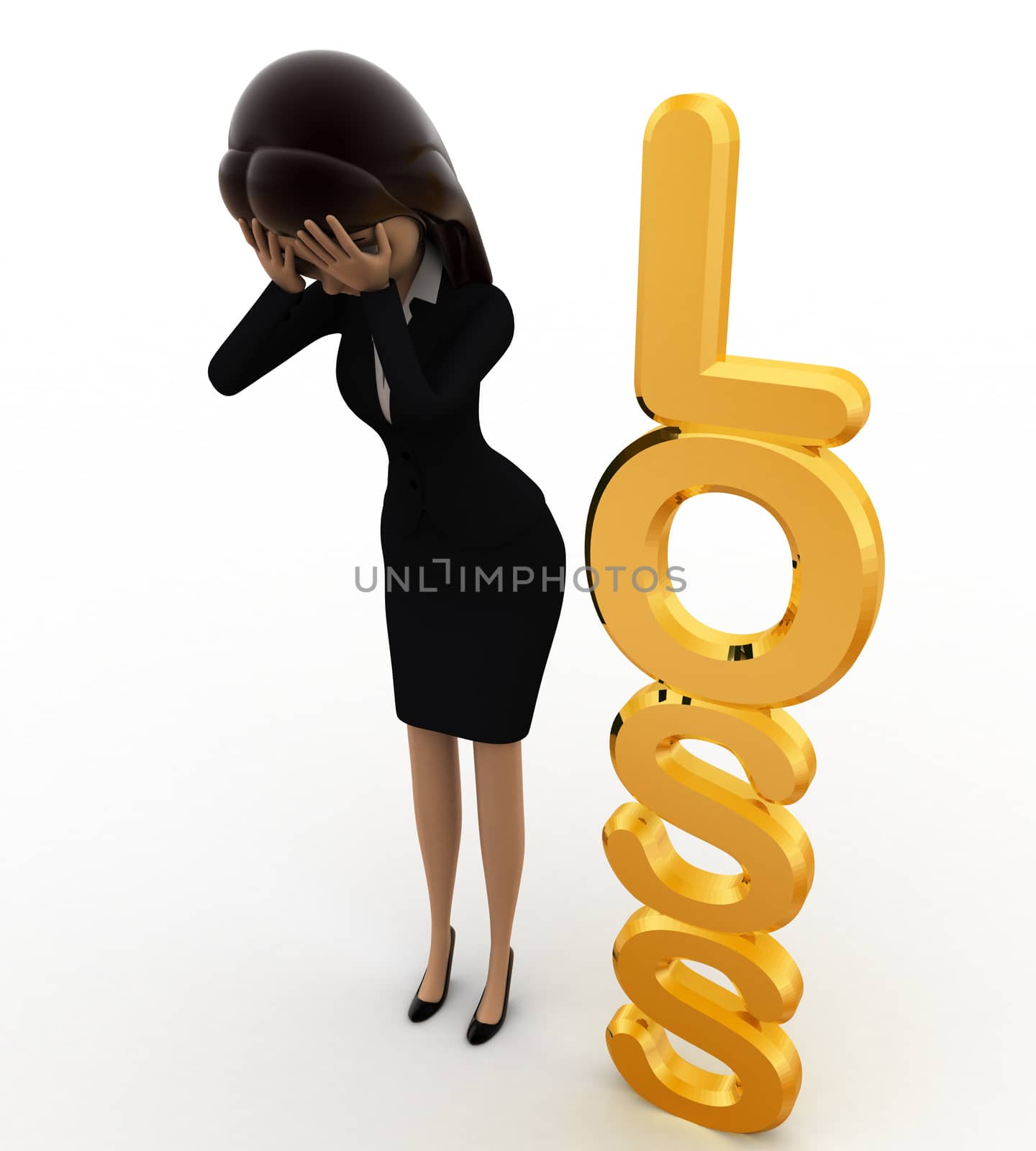 3d woman with golden loss concept on white background,  top angle view