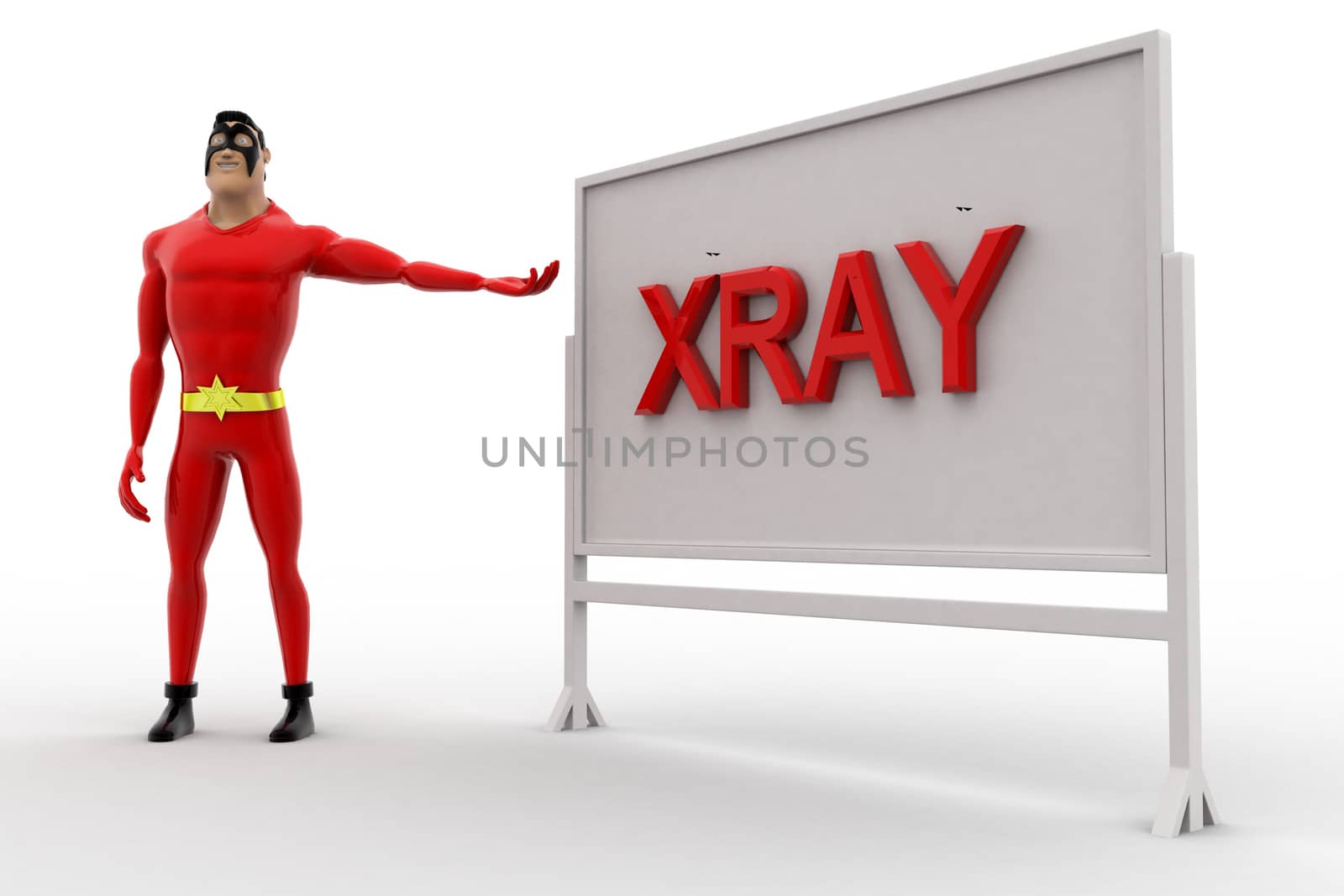 3d superhero xray board concept on white background, side angle view