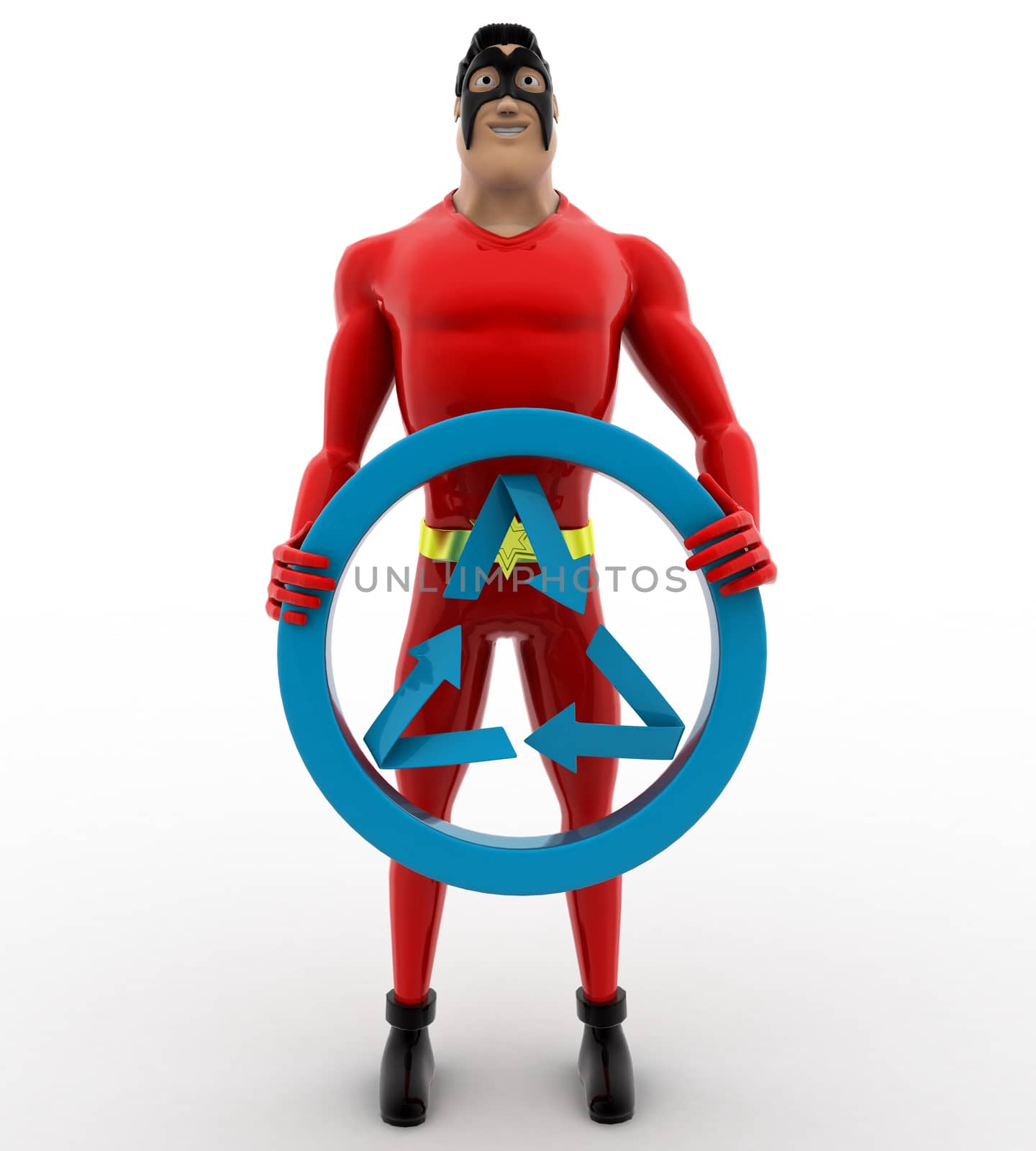 3d superhero holding recycle symbol concept on white background, front angle view