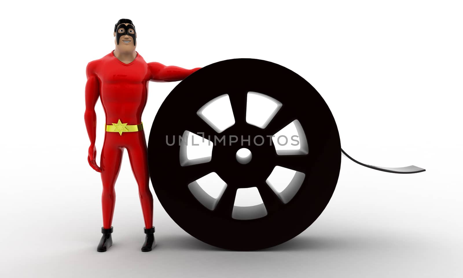 3d superhero with film roll concept on white background, front angle view