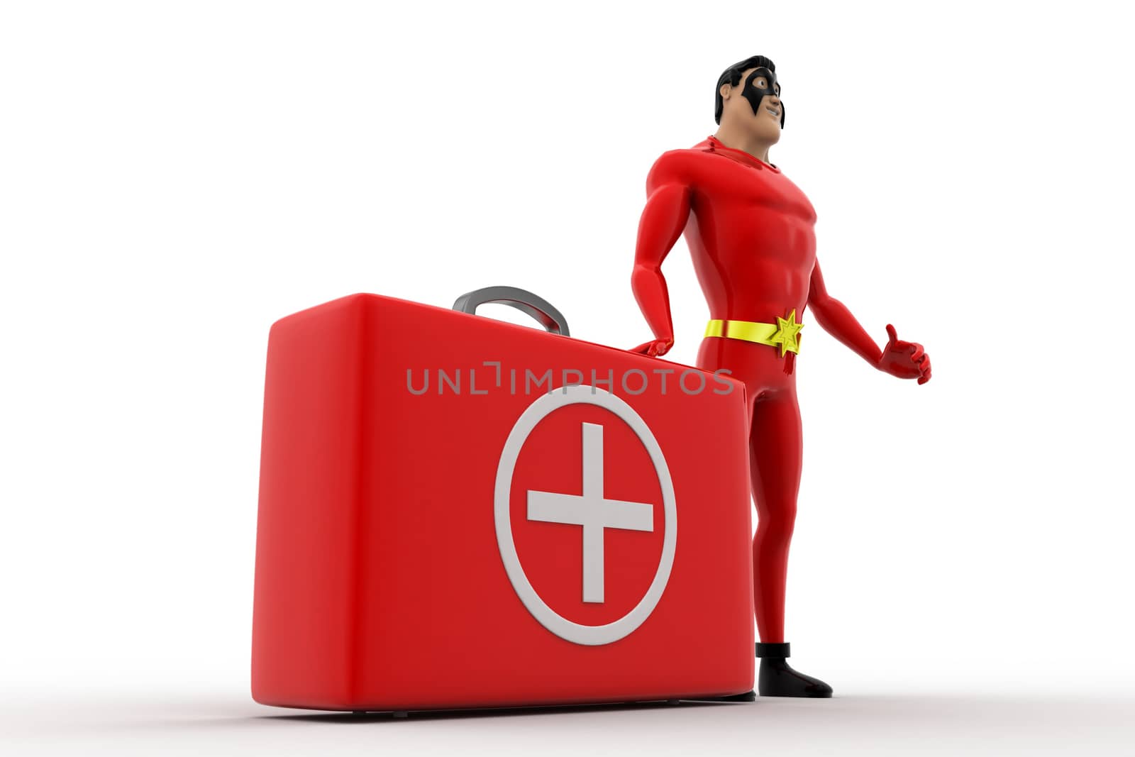 3d superhero with medical kit box concept on white background, side angle view