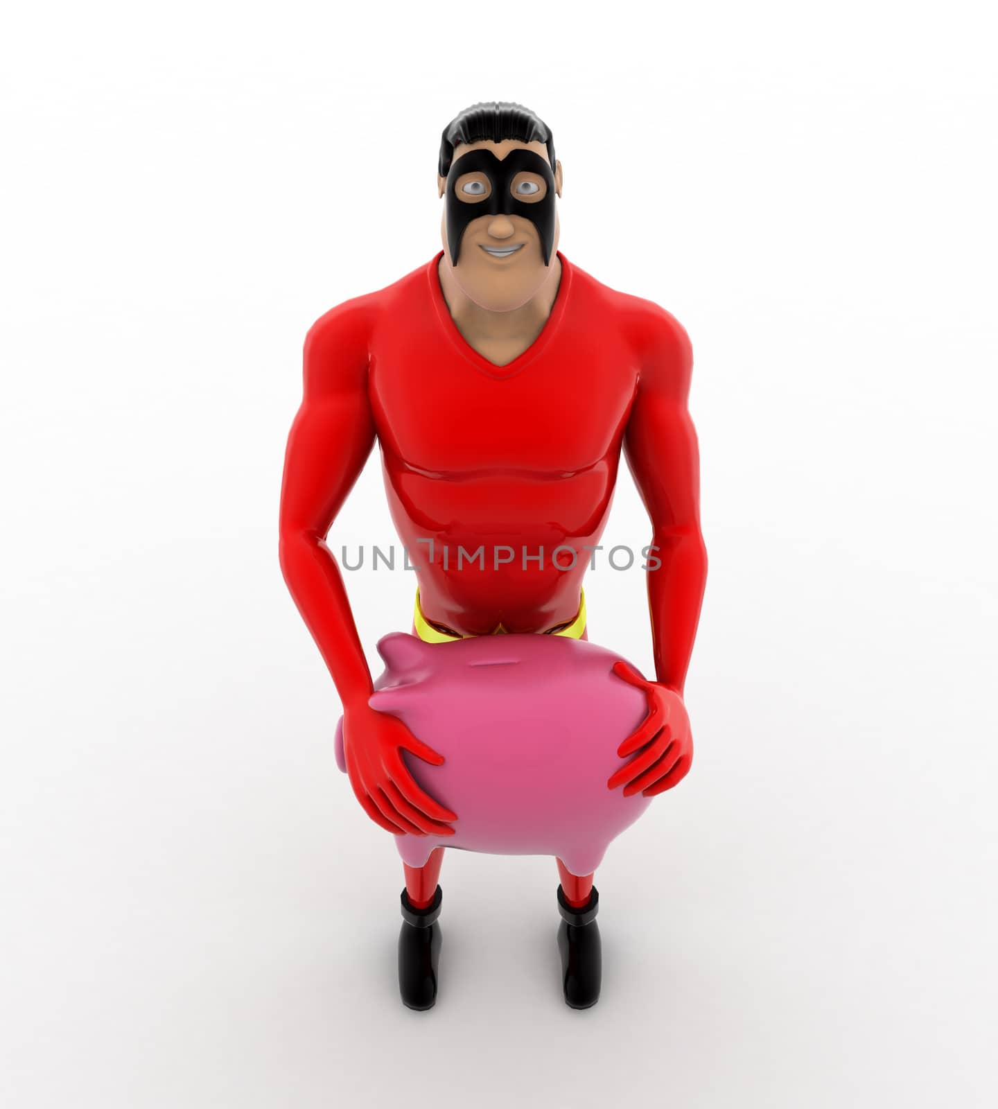 3d prnguin holding pink piggybank concept on white background, top angle view