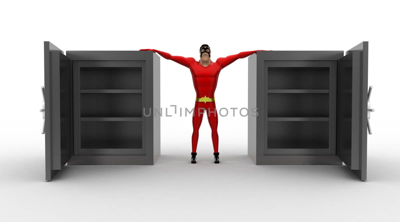 3d superhero open empty safe locker concept on white background, front angle view