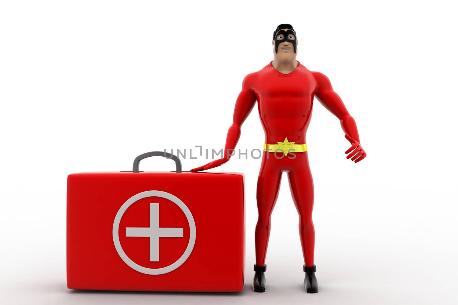 3d superhero with medical kit box concept on white background, front angle view