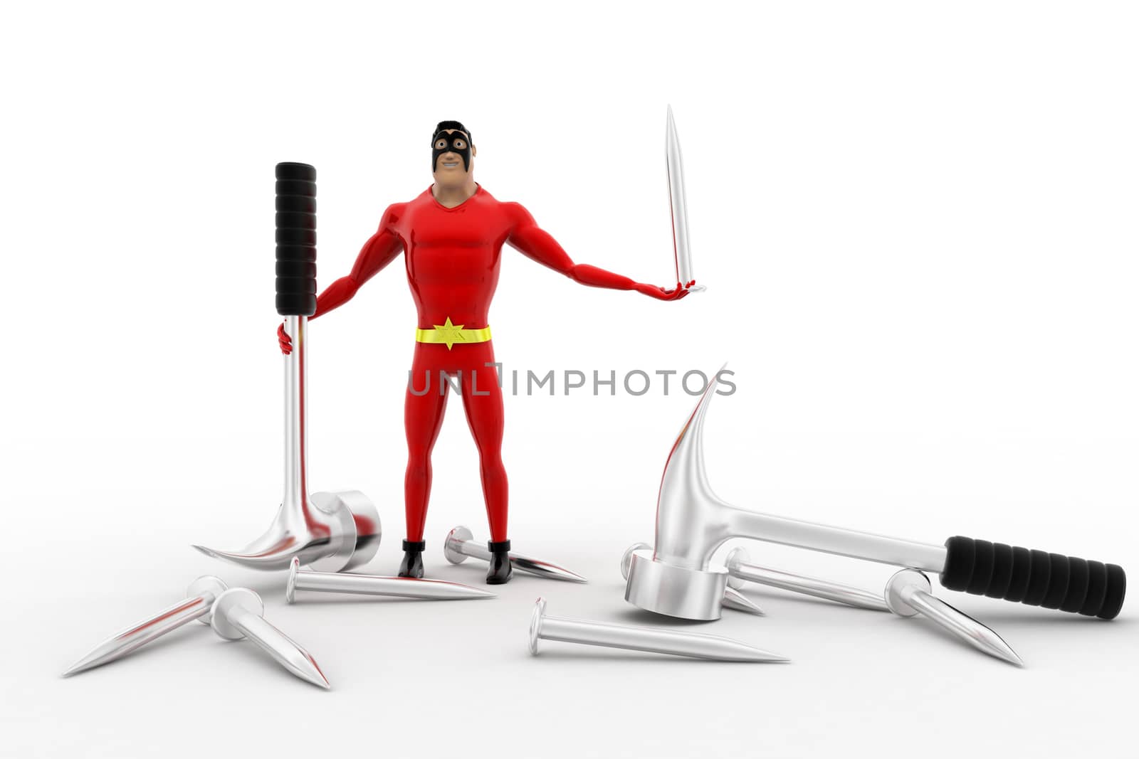 3d superhero with hammer and nail concept on white background, front angle view