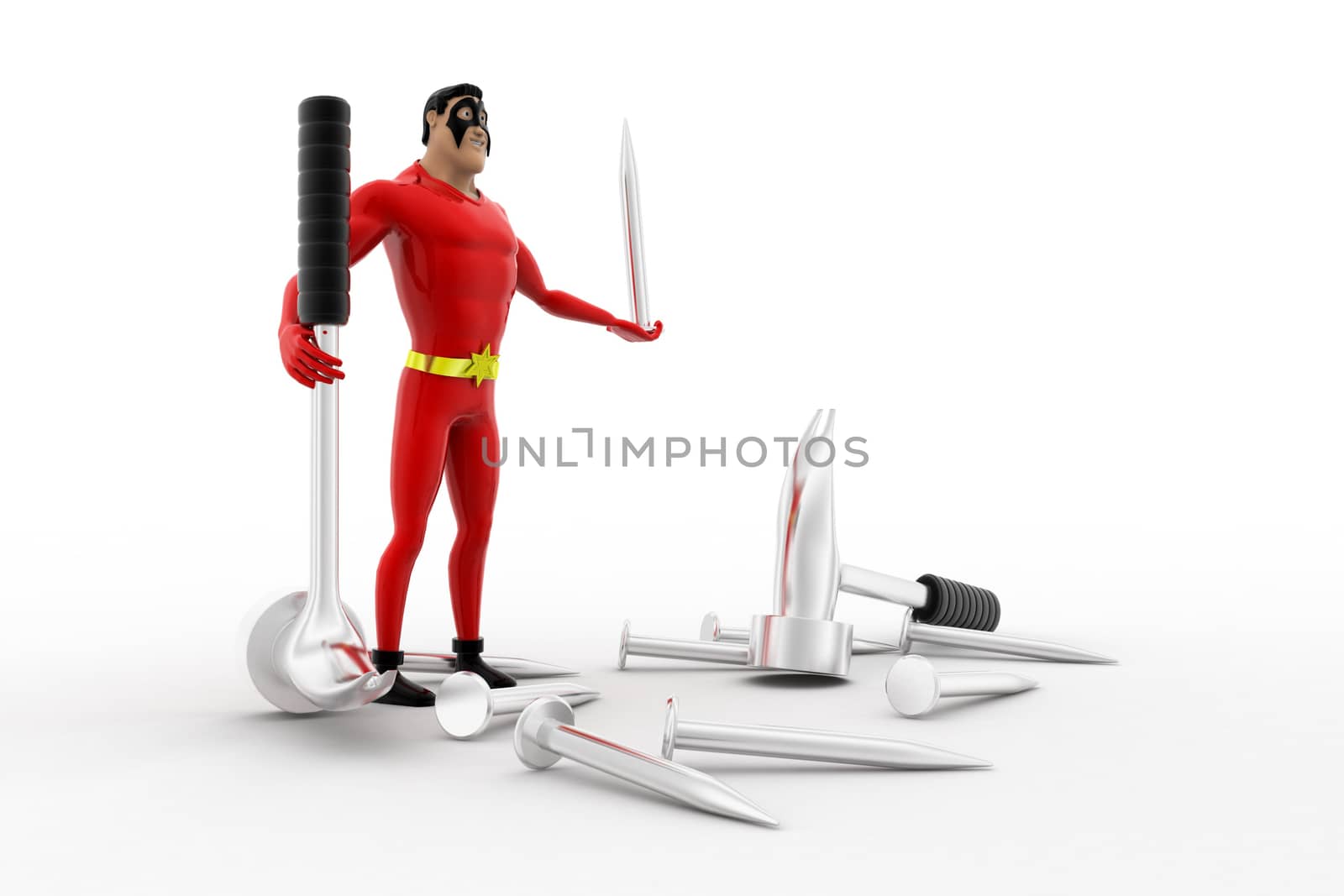 3d superhero with hammer and nail concept by touchmenithin@gmail.com