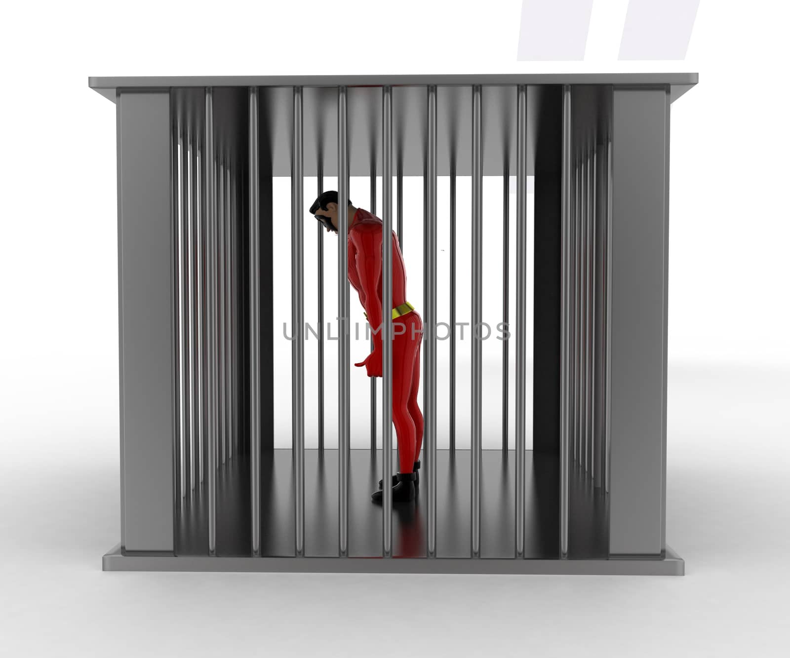 3d superhero into bar jail concept on white background, side angle view