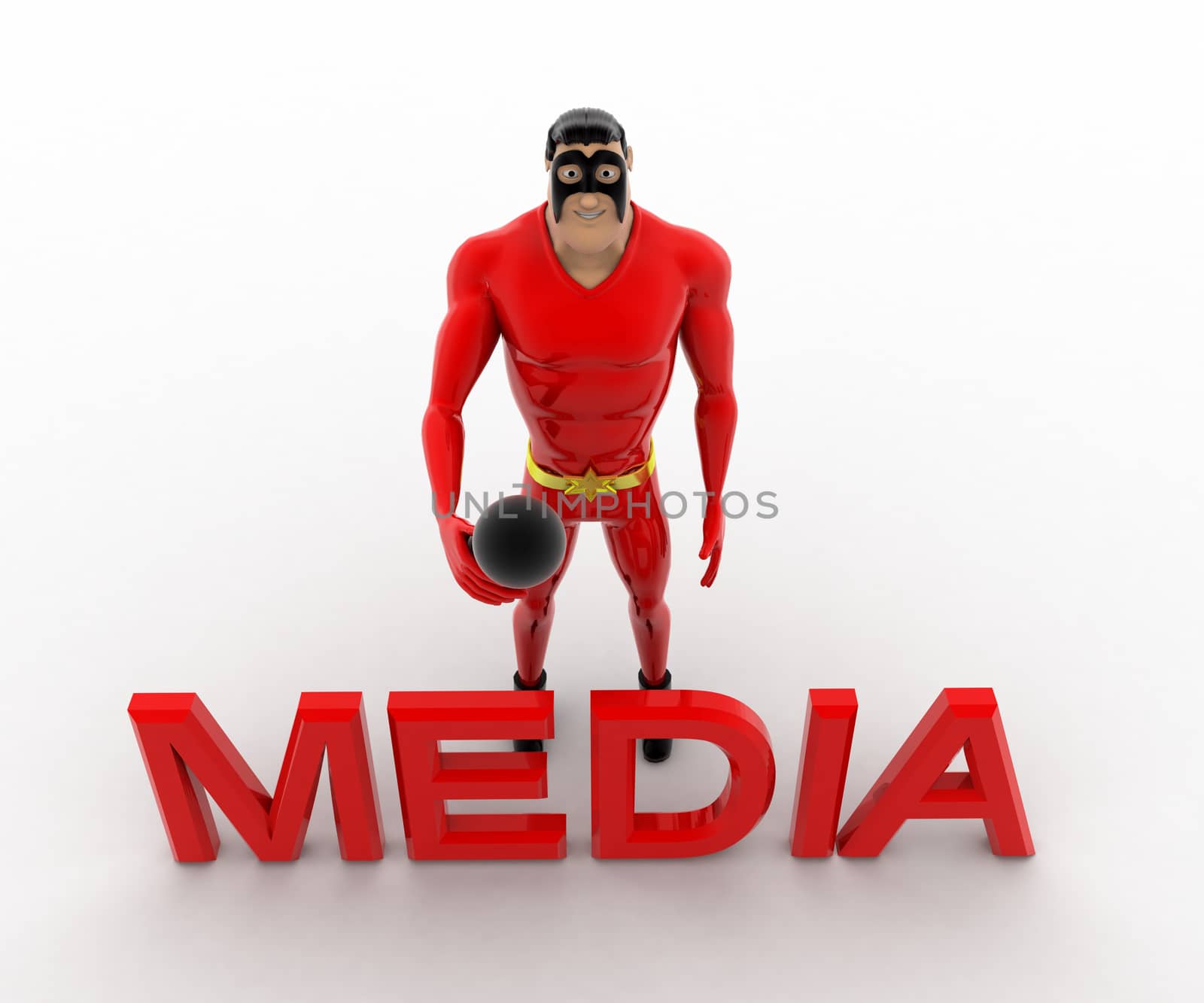3d superhero media text concept on white background,  top  angle view