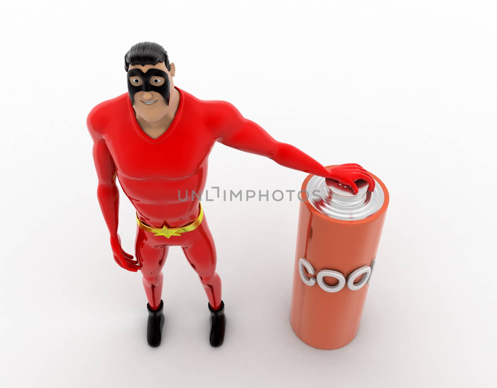 3d superhero with cool battery concept on white background,  top  angle view