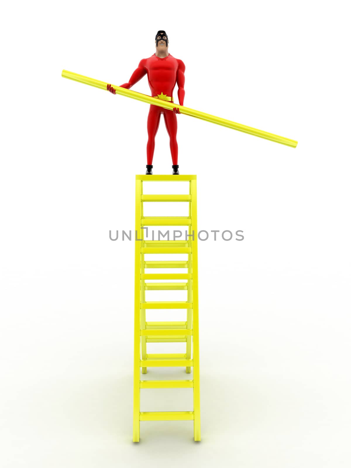 3d superhero  on the top of golden stairs holding a golden rod concept on white isilaoted background 