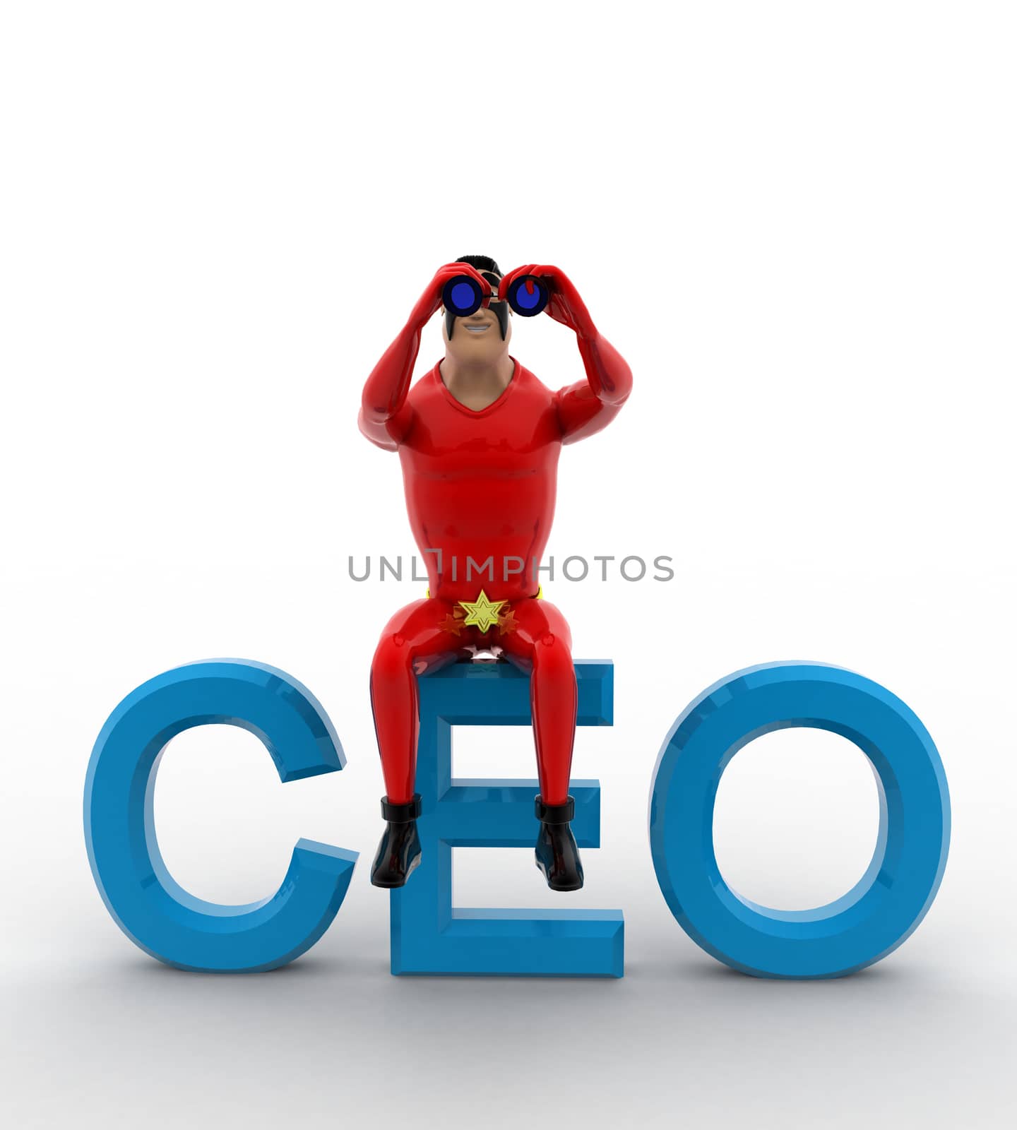 3d superhero sitting on CEO text and searching using binocular concept on white background, front angle view