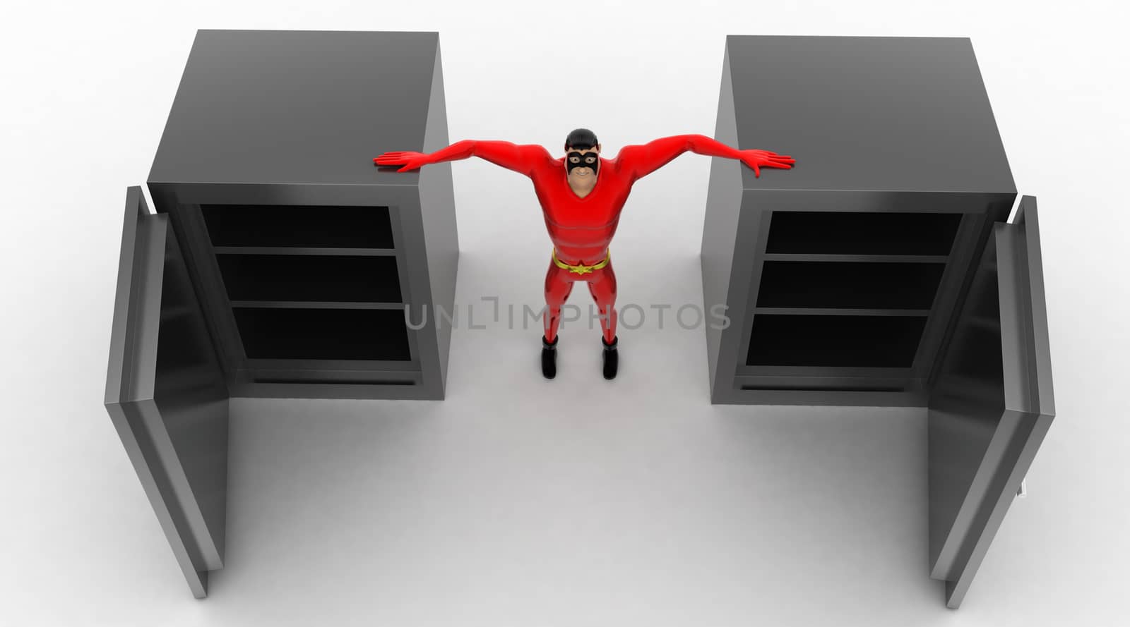 3d superhero open empty safe locker concept on white background, top angle view