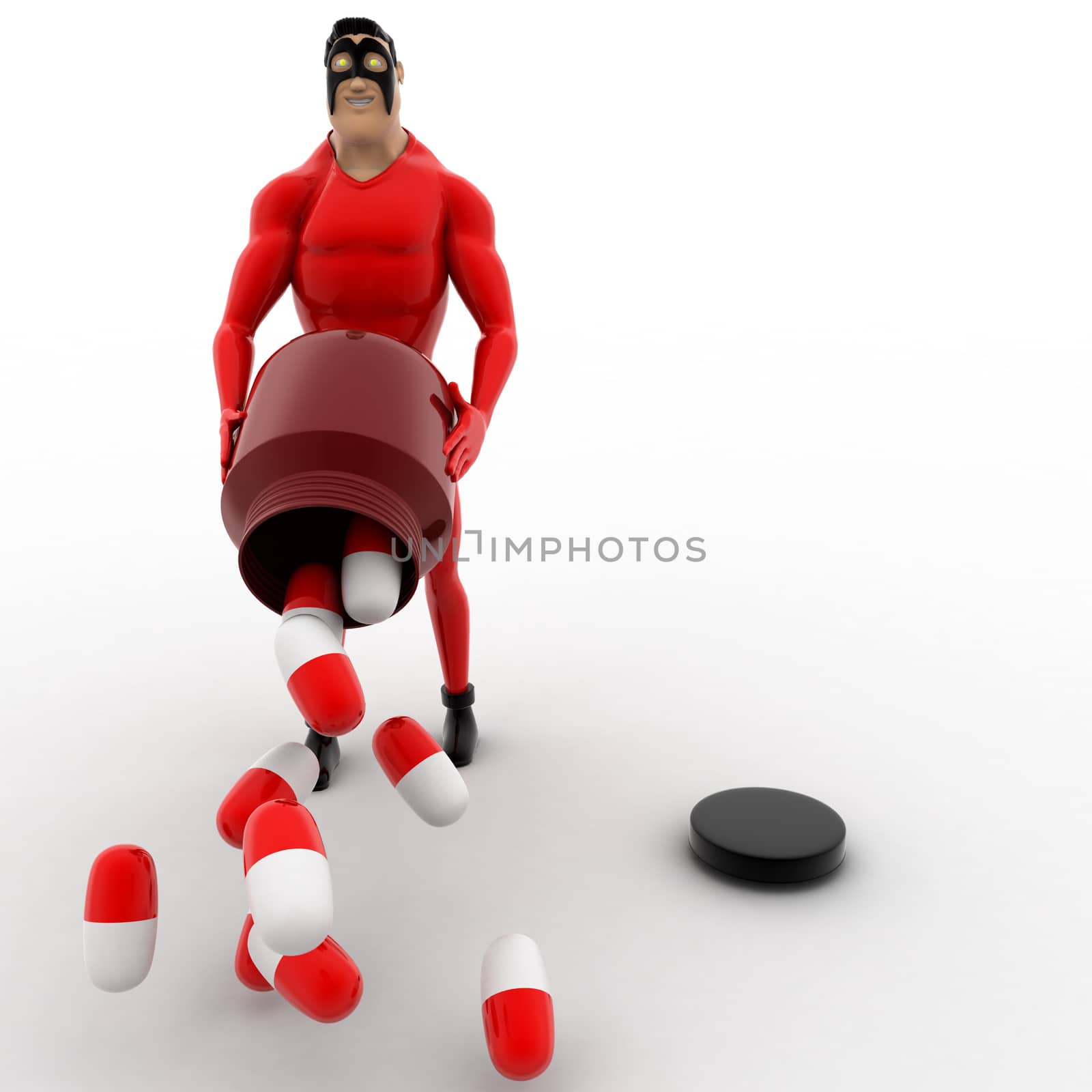 3d superhero throw medicine capsules concept on white background, front angle view