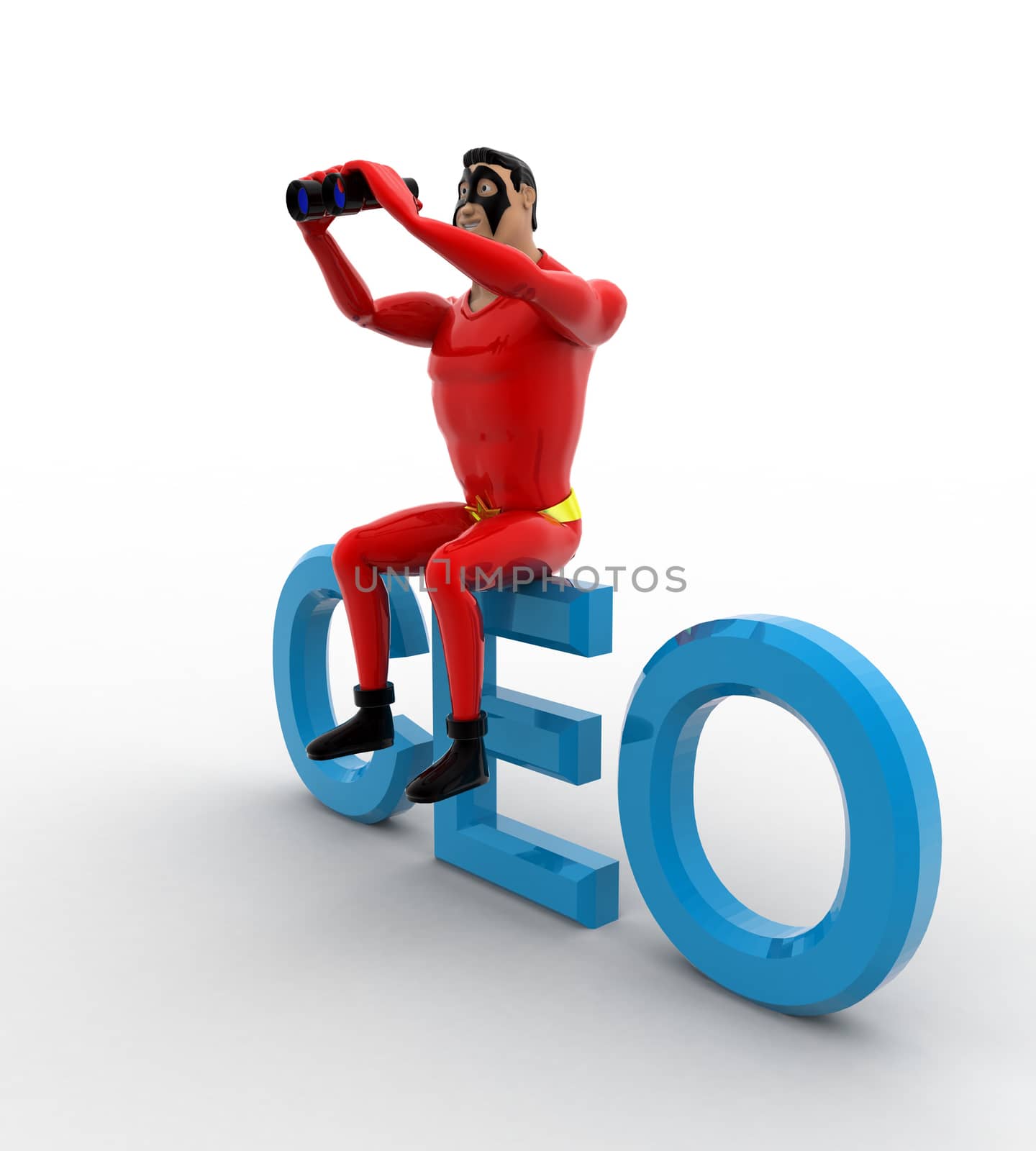 3d superhero sitting on CEO text and searching using binocular concept on white background, side angle view