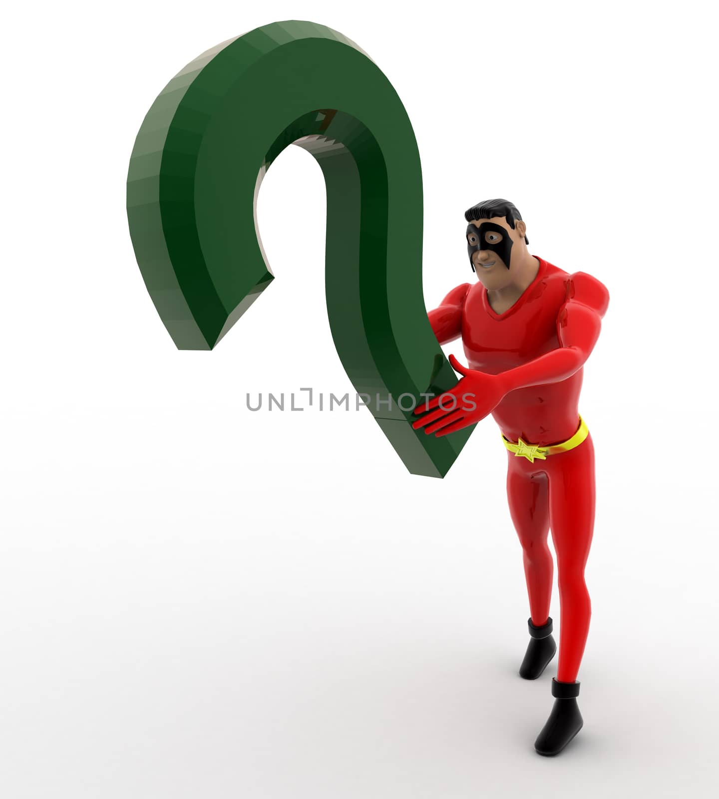 3d superhero with green question mark concept on white background, front angle view