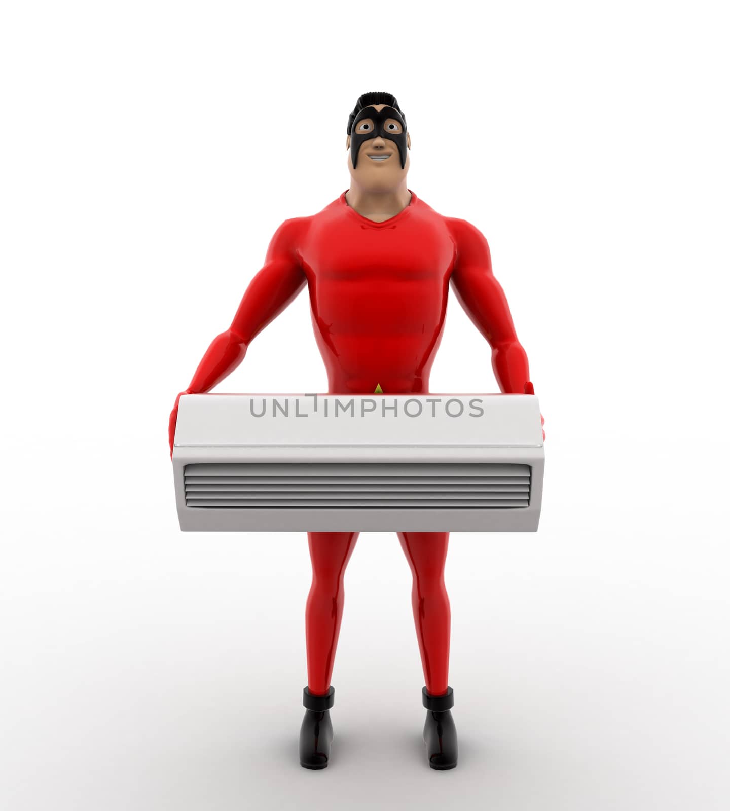 3d superhero holding air conditioner in hands concept on white background, front angle view