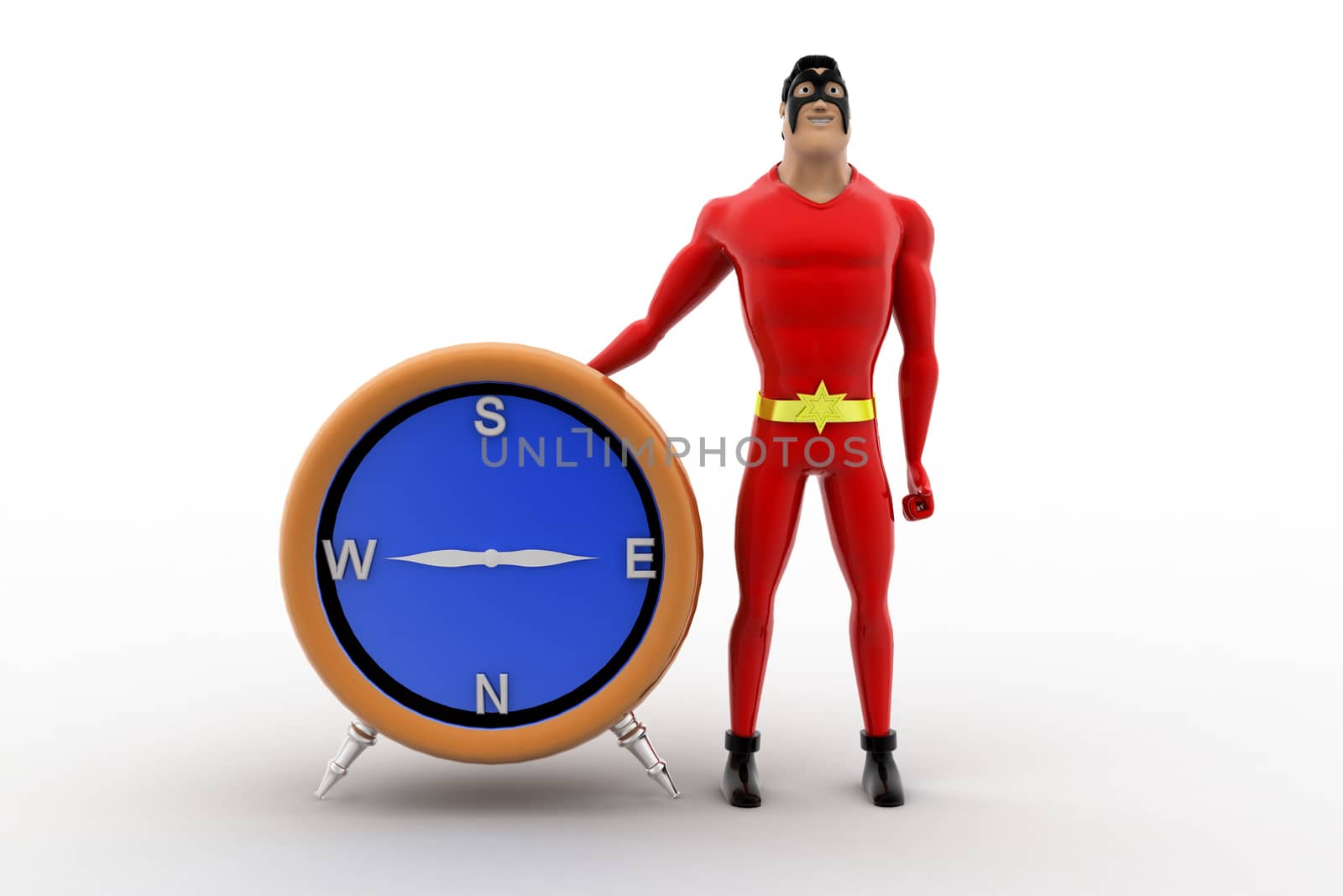 3d superhero with compass concept on white background, front angle view