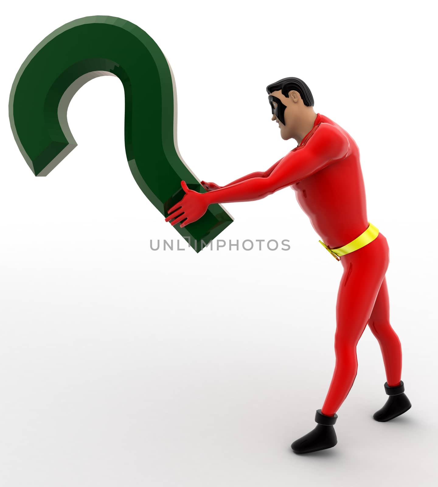 3d superhero with green question mark concept on white background, side angle view