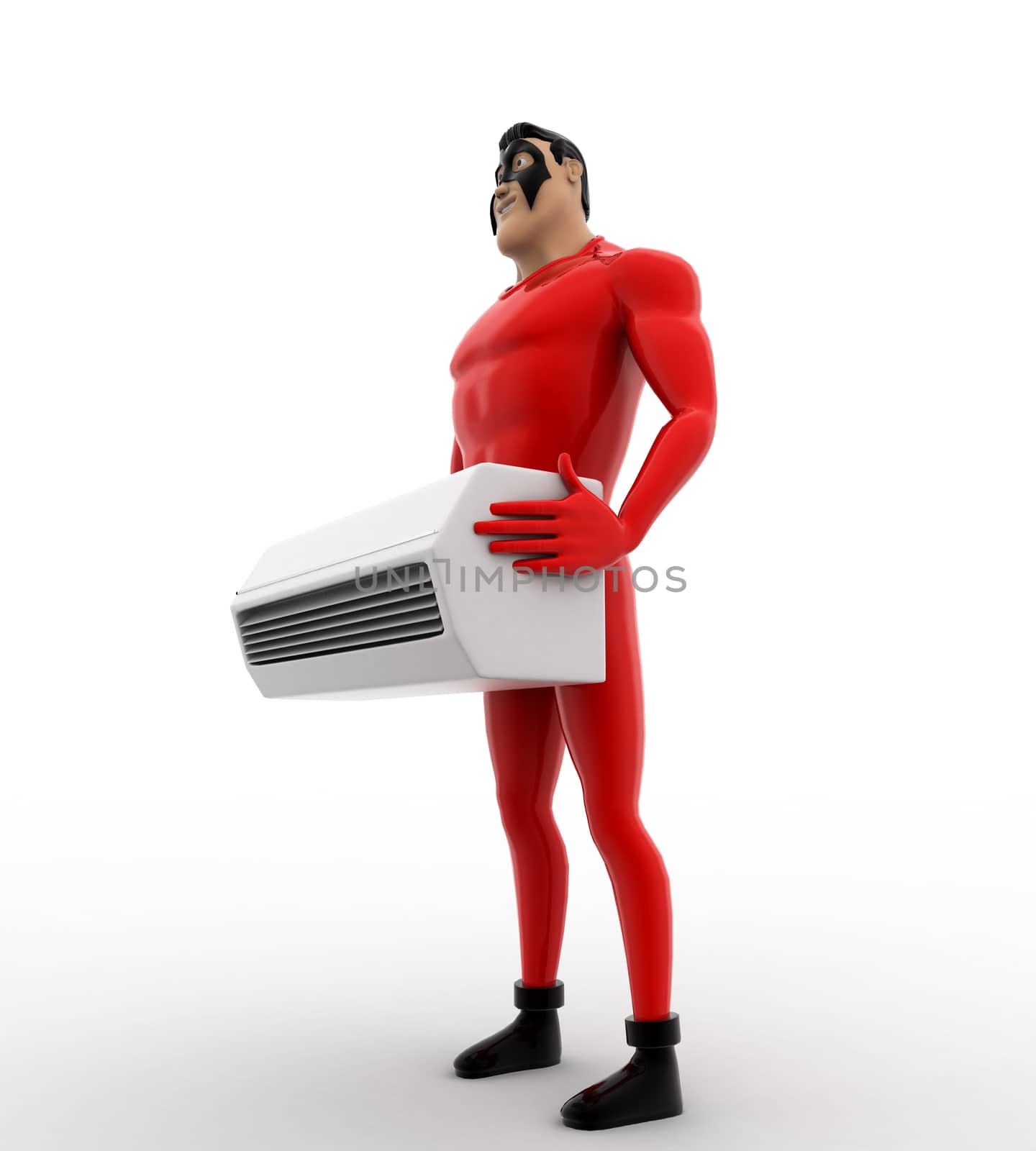 3d superhero holding air conditioner in hands concept on white background, side angle view