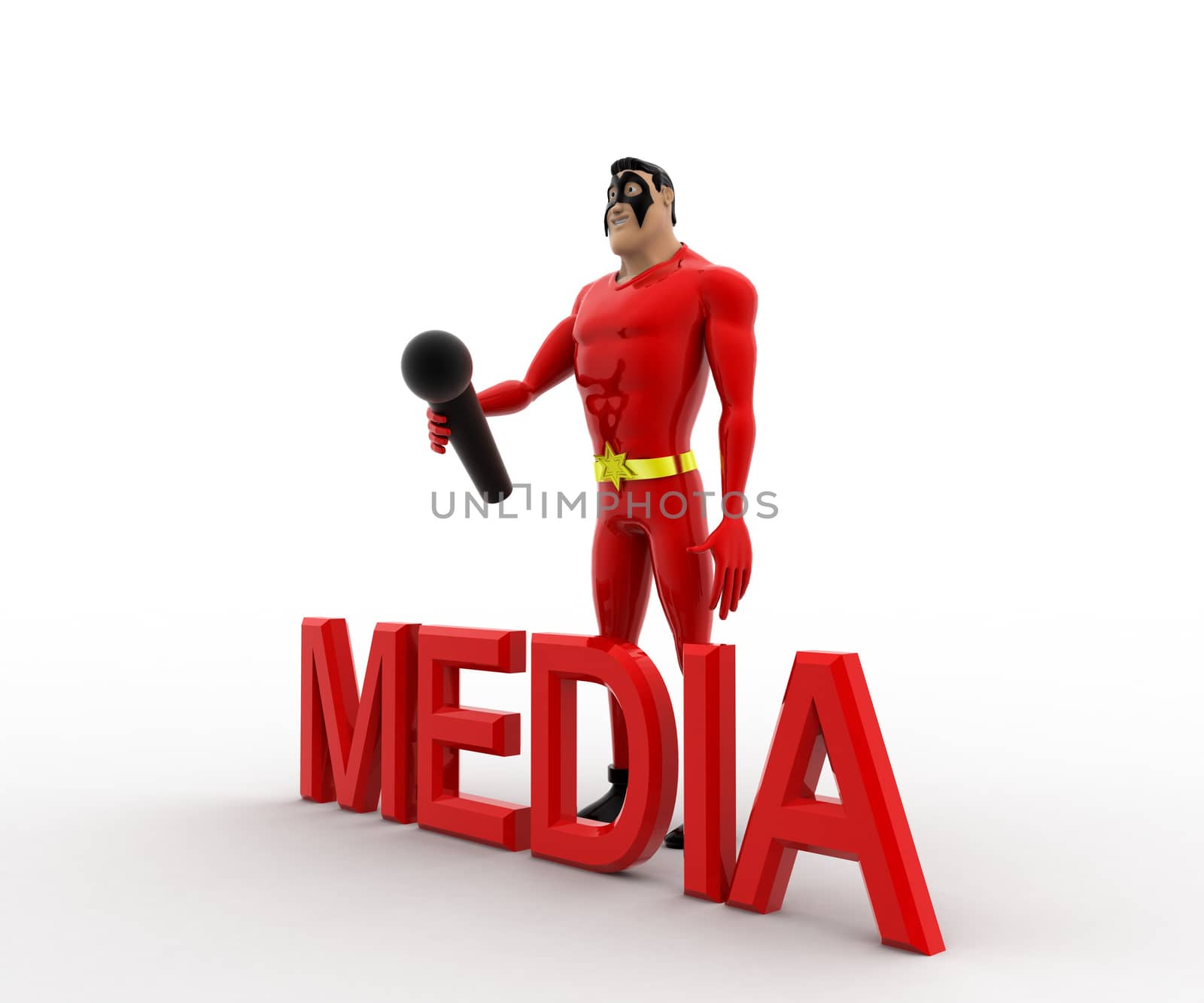 3d superhero media text concept on white background, side angle view