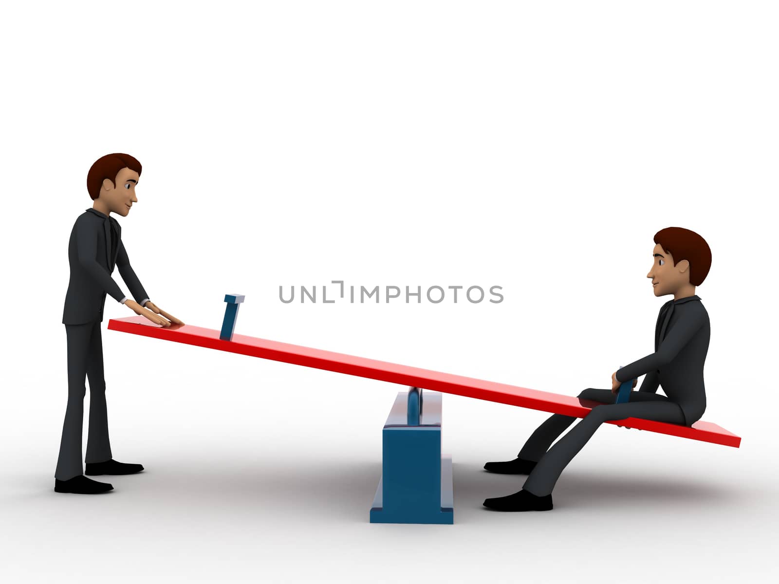 3d men sitting on see saw concept on white background, front angle view