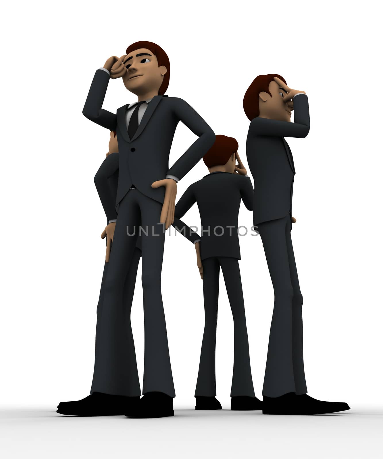 3d men in serious thinking concept on white background, front angle view