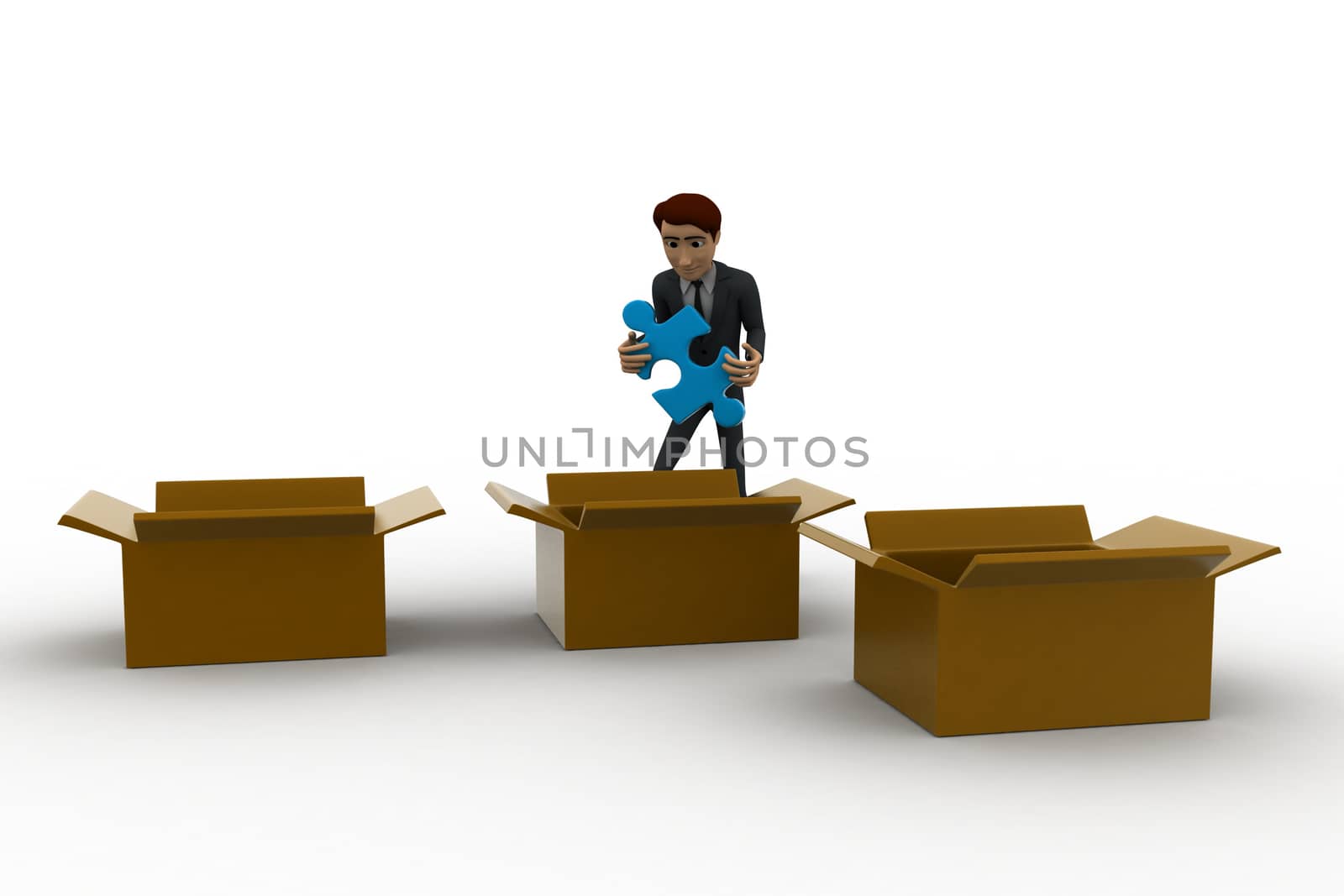 3d man taking out blue puzzle from box,s concept by touchmenithin@gmail.com