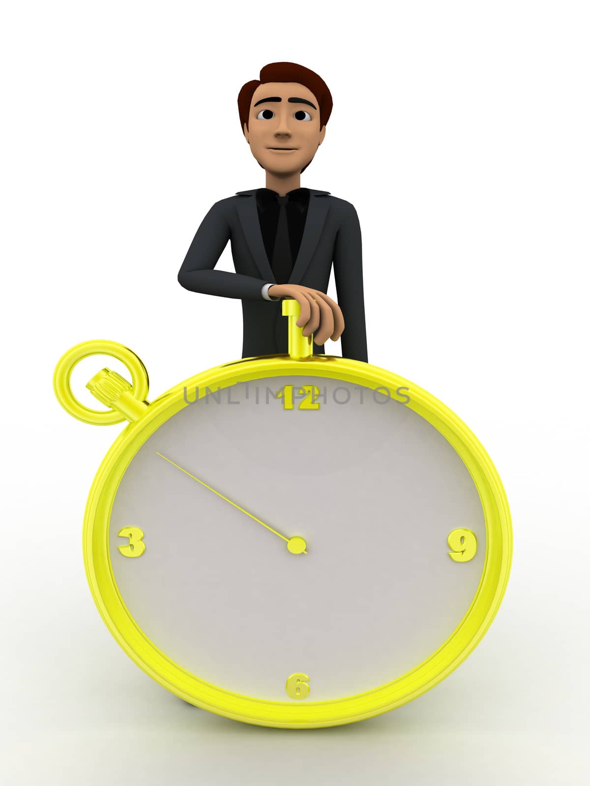 3d man standing with yellow alarm clock concept on white background, front angle view