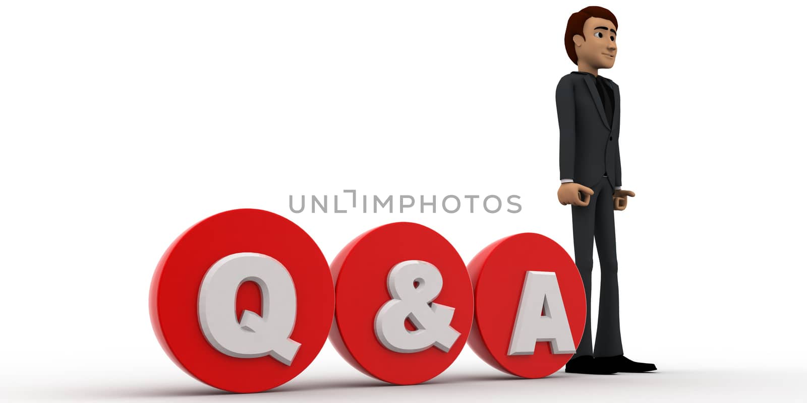 3d man standing with red  circular  blocks Q&A text concept on white background, side angle view