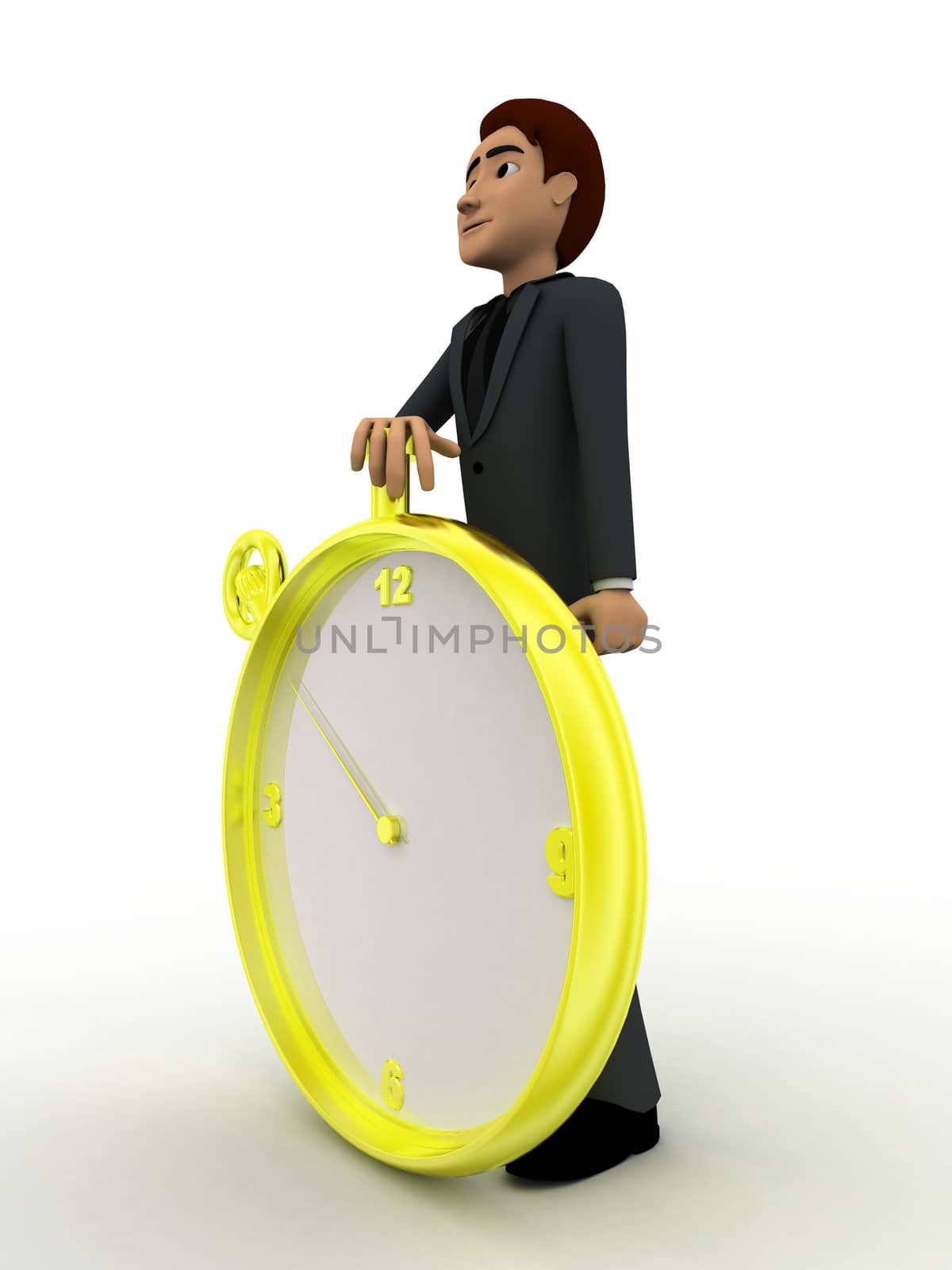 3d man standing with yellow alarm clock concept by touchmenithin@gmail.com