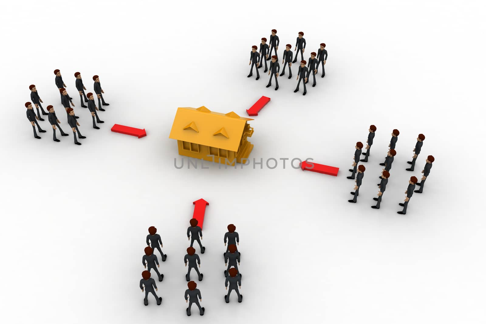 3d men groups moving towards destination concept on white background, top angle view