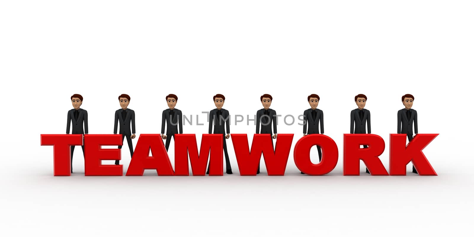 3d men standing with team work text concept on white background, left angle view