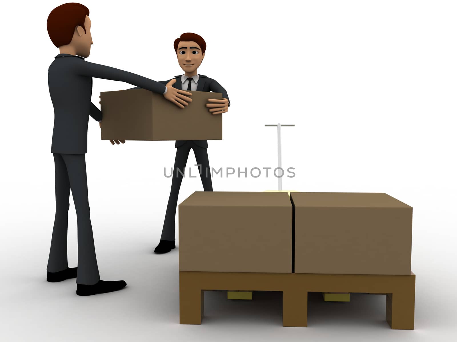 3d men lifting boxes from palletizer concept on white background, front angle view